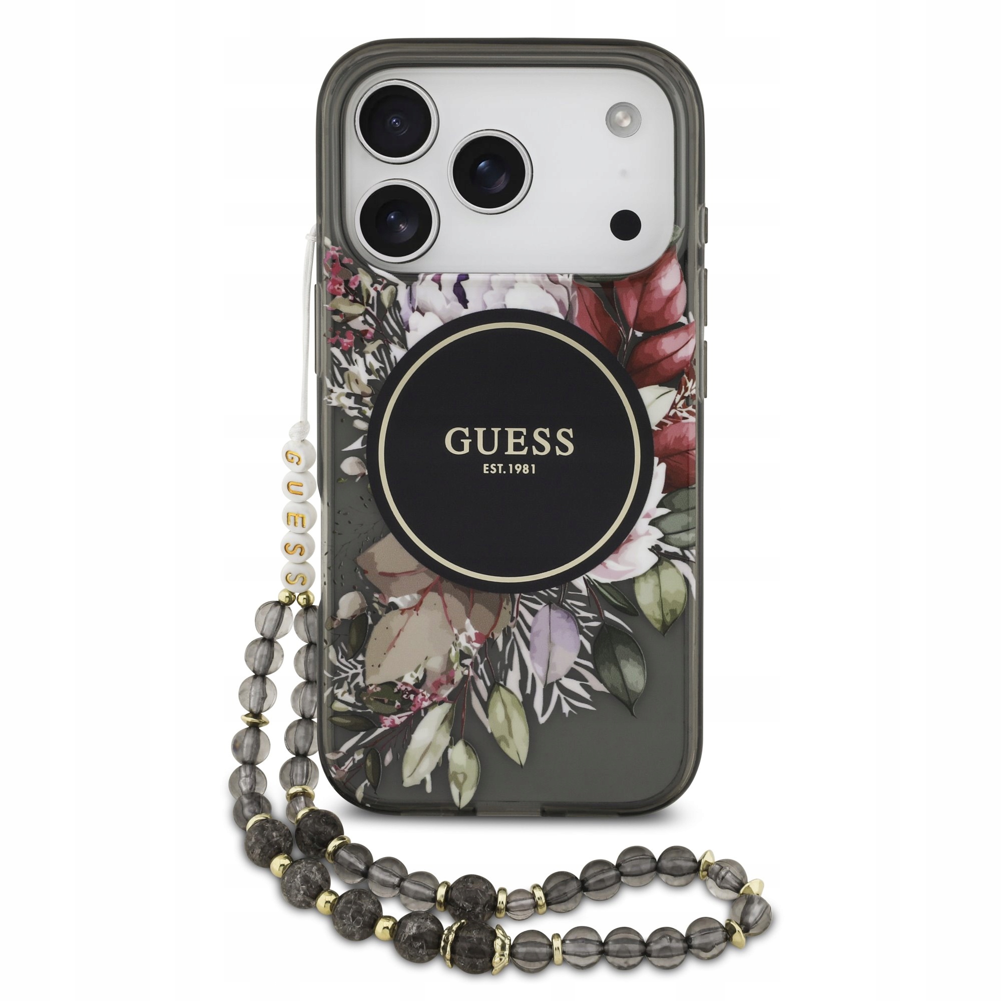 Pouzdro Guess IML Flowers Pearl Strap MagSafe pro iPhone 17 Pro černé