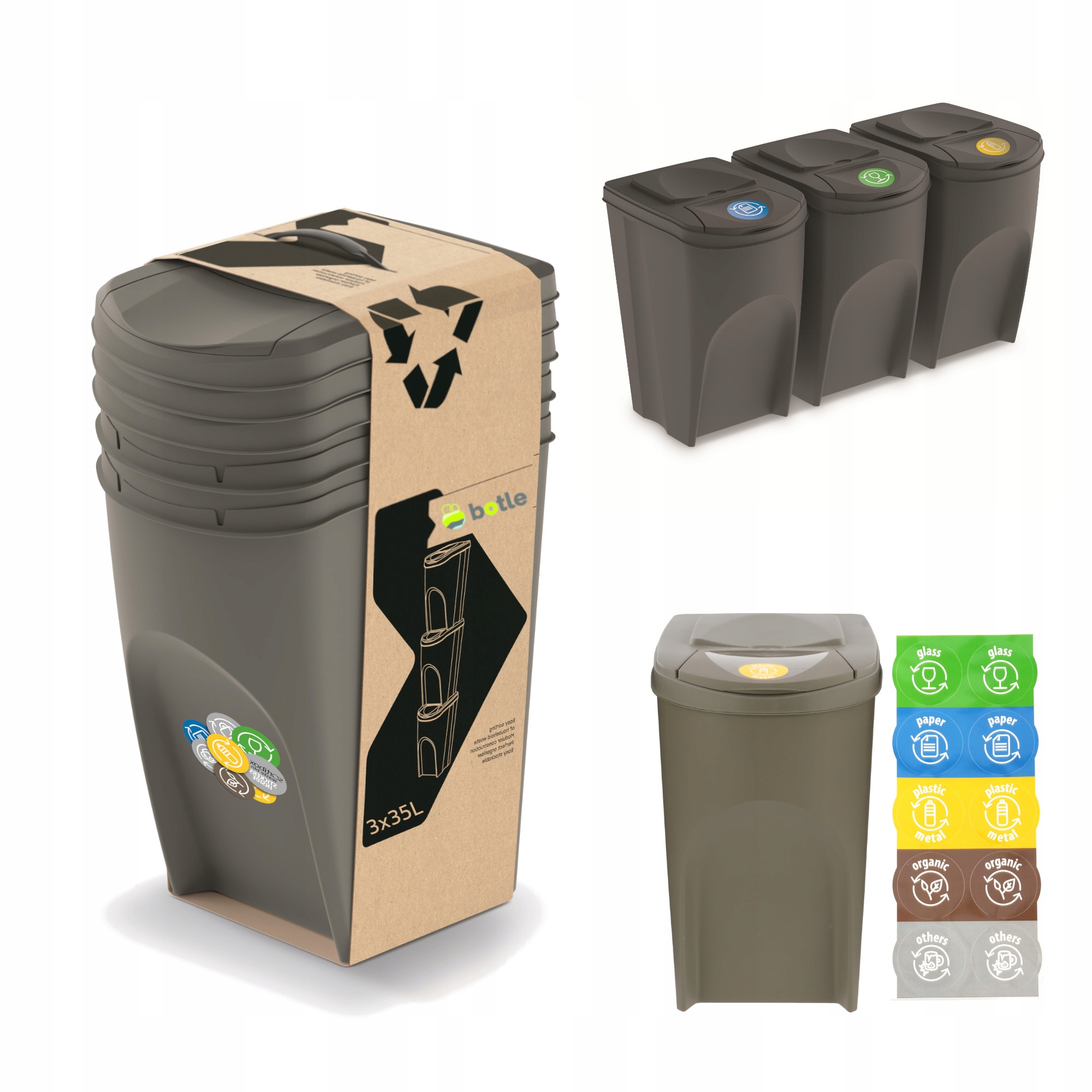 Levně Koš Na Tříděný Odpad Set 3x35 L Na Odpad Šedý Kámen