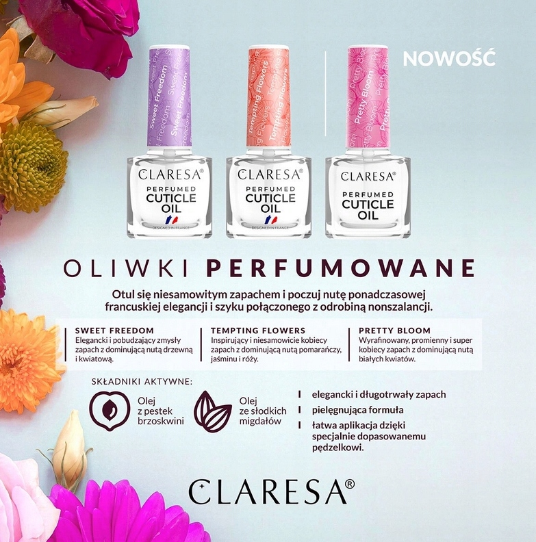CLARESA CUTICLE OIL OLIWKA DO SKÓREK PERFUMOWANA PRETTY BLOOM Przeznaczenie do skórek