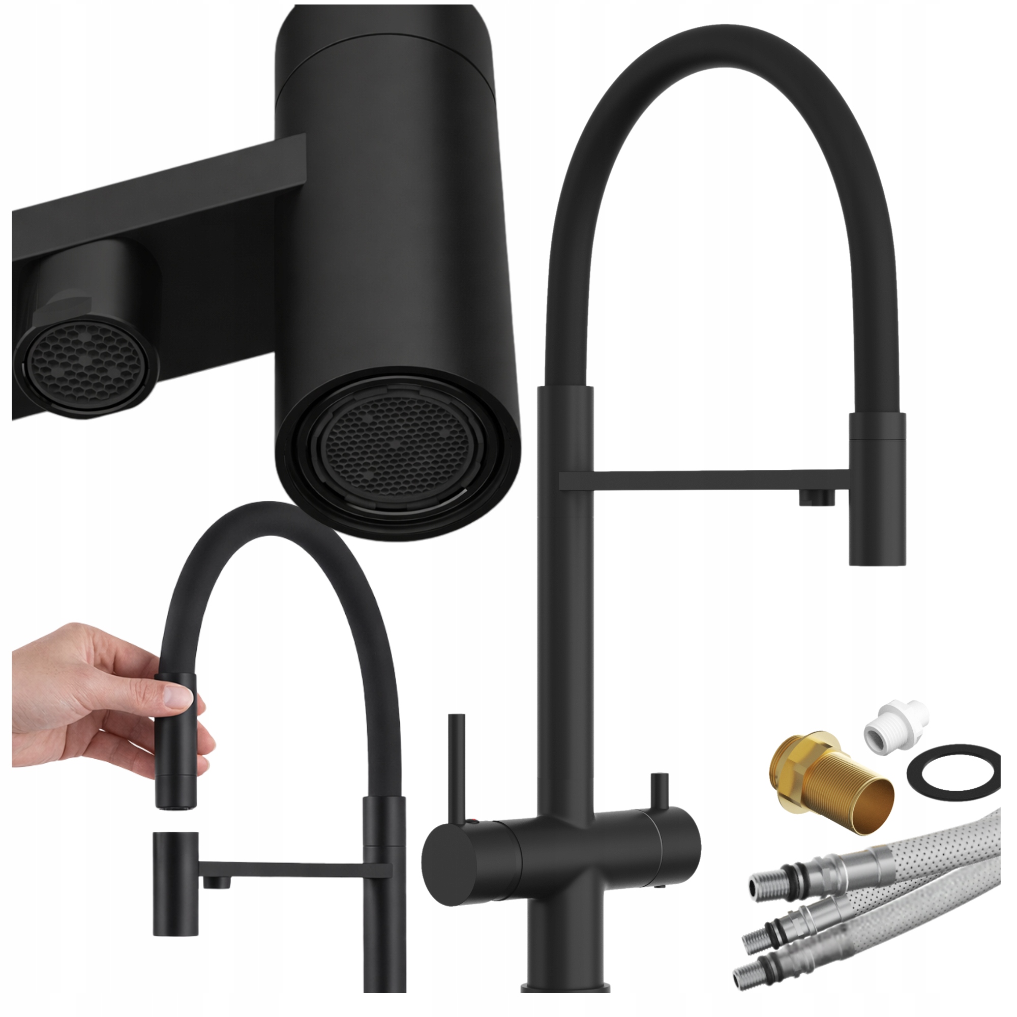 Kuchyňská baterie Kohoutek Černý Flexibilní ramínko Třícestná Stojící Como