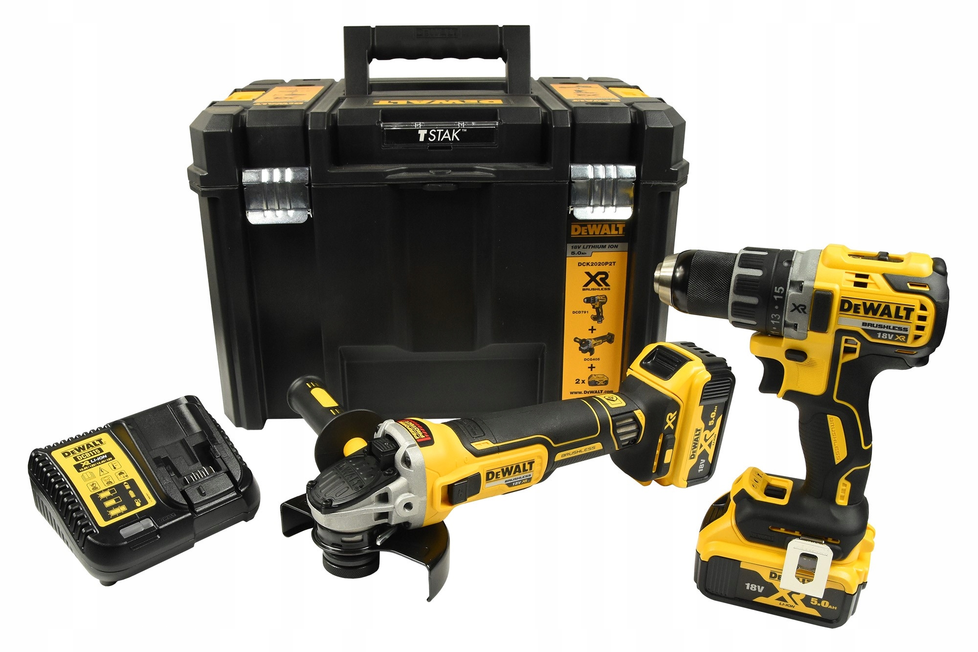 Zestaw Dewalt wiertarko-wkrętarka szlifierka kątowa 18V +tstak DCK2020P2T