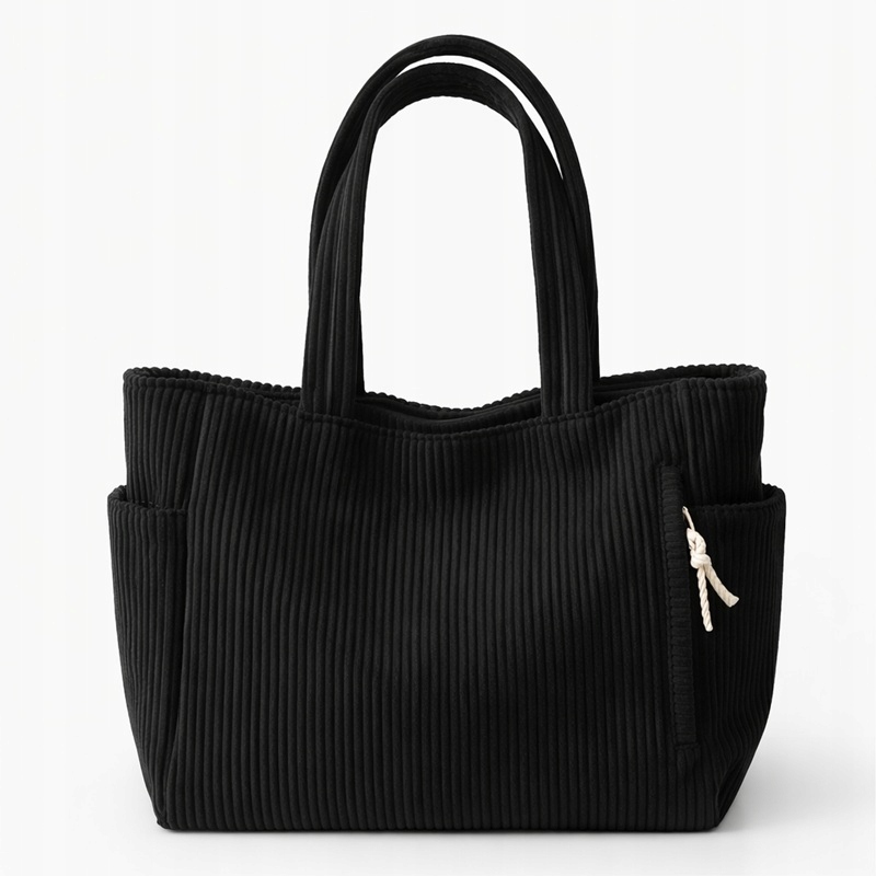 Czarna Torebka Damska Sztruksowa Shopper na Ramię Miejska Do Pracy Szkoły