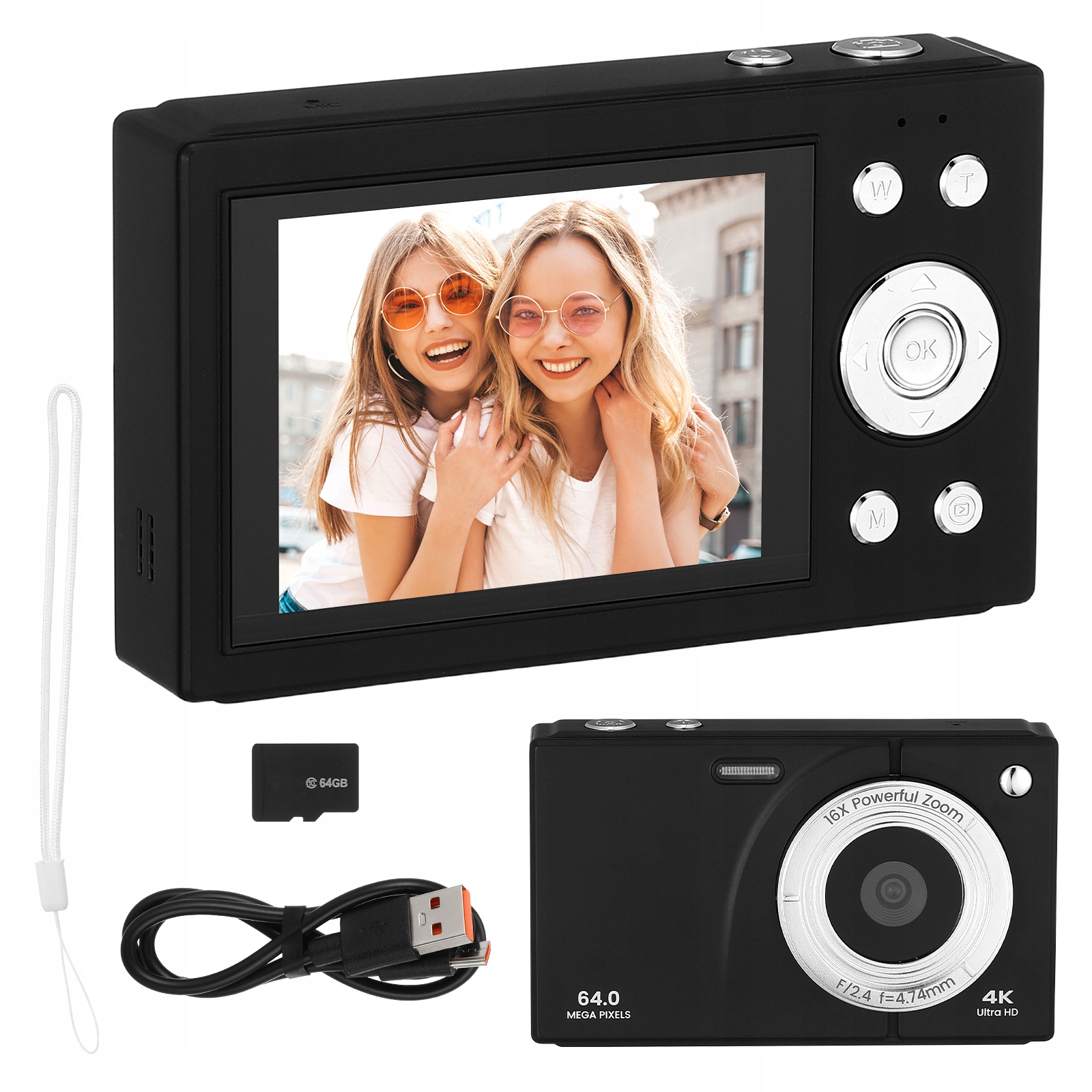 48MP 4K digitální fotoaparát s automatickým ostřením, 18x zoomem, 2.8" Ips displejem 64GB karta