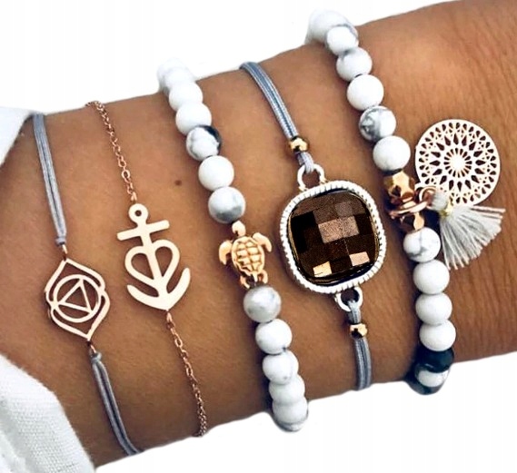 

Bransoletki kremowo niebieskie 5 szt kotwica żółw