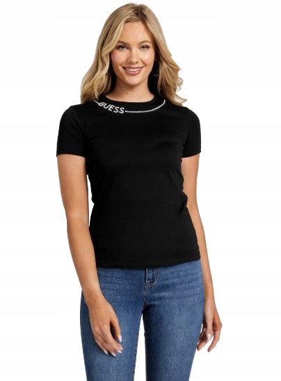 Guess Černé Bavlněné Dámské Tričko S Kulatým Výstřihem