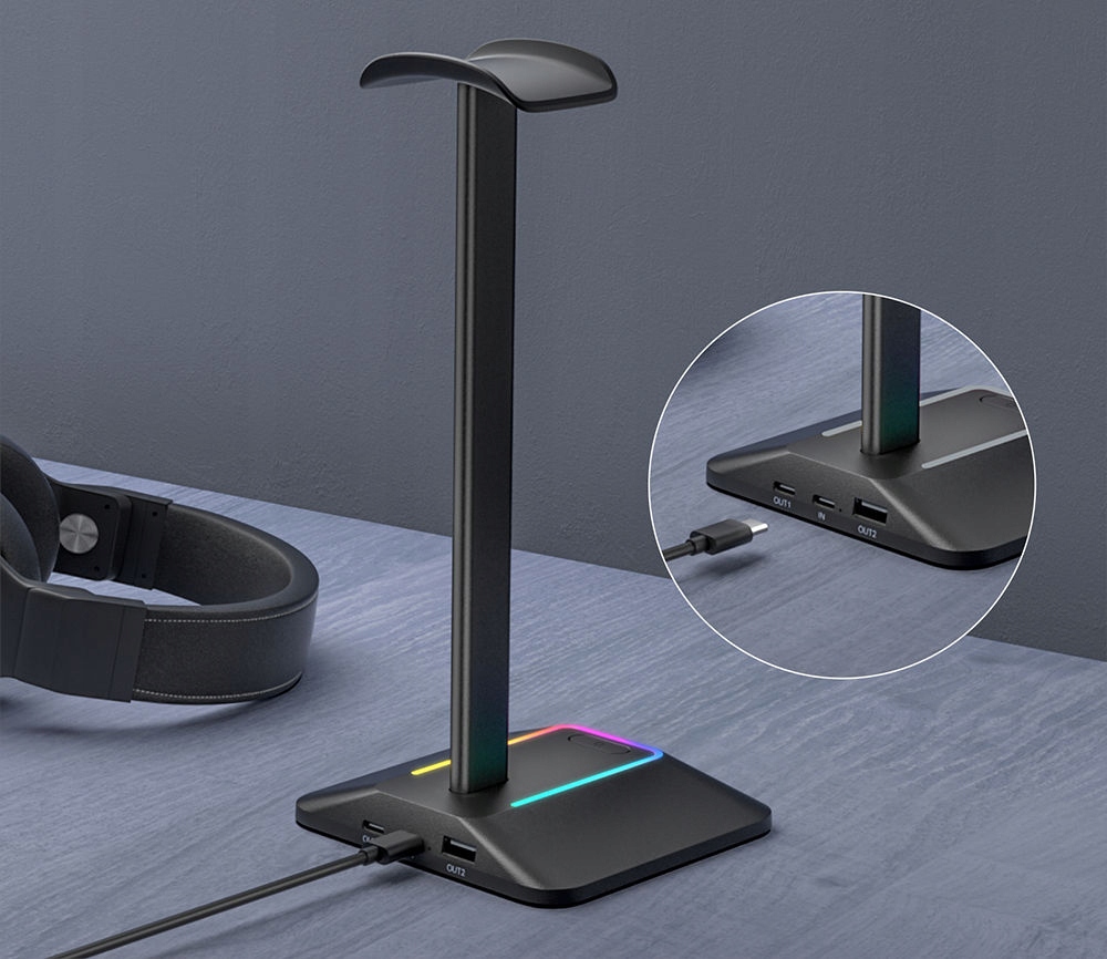 STOJAK STATYW NA SŁUCHAWKI GAMINGOWY PODŚWIETLENIE RGB LED HUB USB MOZOS Marka Mozos