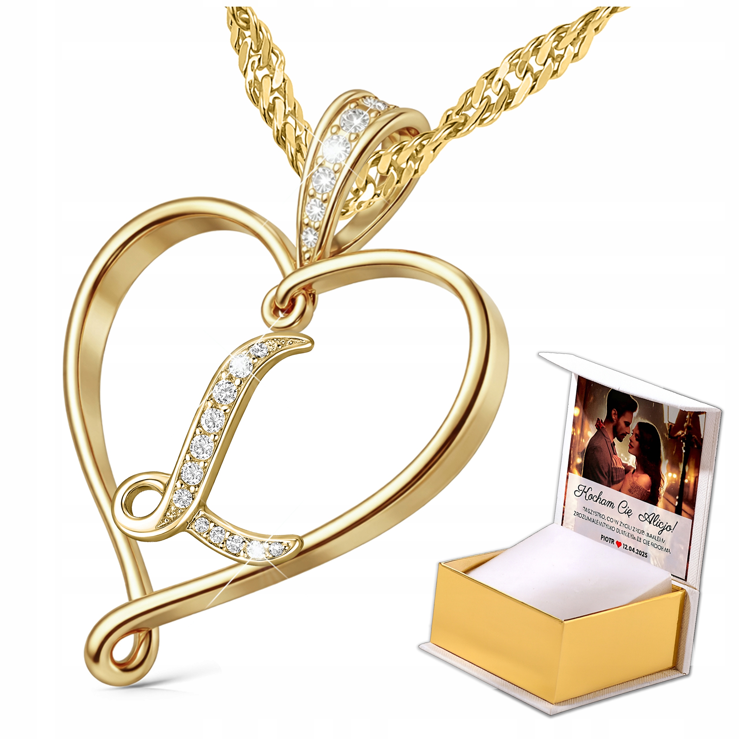 Zlatý náhrdelník s písmenem L Závěsný iniciál Srdce Stříbro Potisk