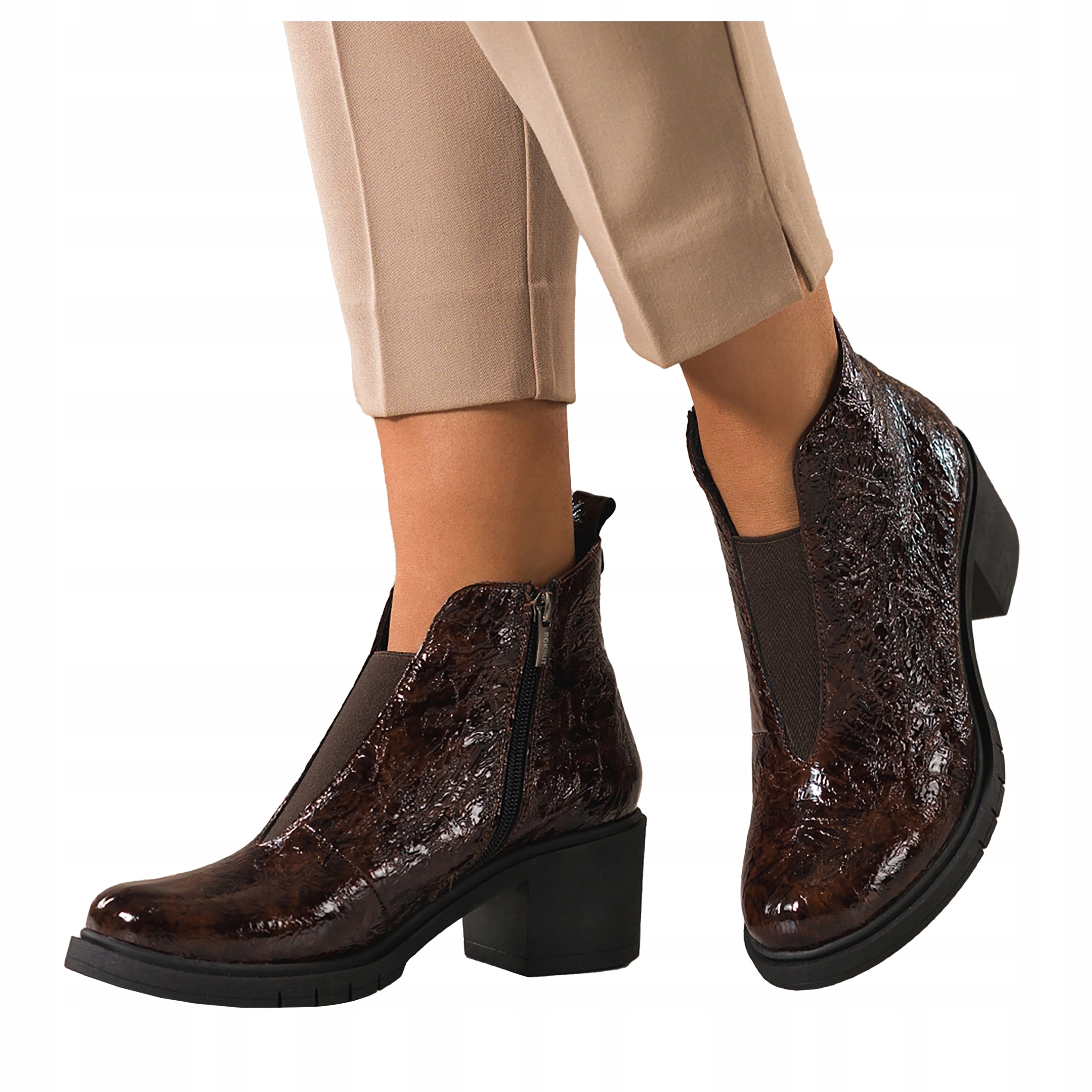 Dámské Kotníkové Boty Hnědé Kožené Lakované Pohodlné Na Podpatku Módní velikost 41