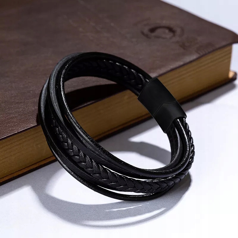 BRANSOLETKA MĘSKA SKÓRZANA CZARNA DAMSKA PLECIONA RZEMYK STAL CHIRURGICZNA Splot Inny splot