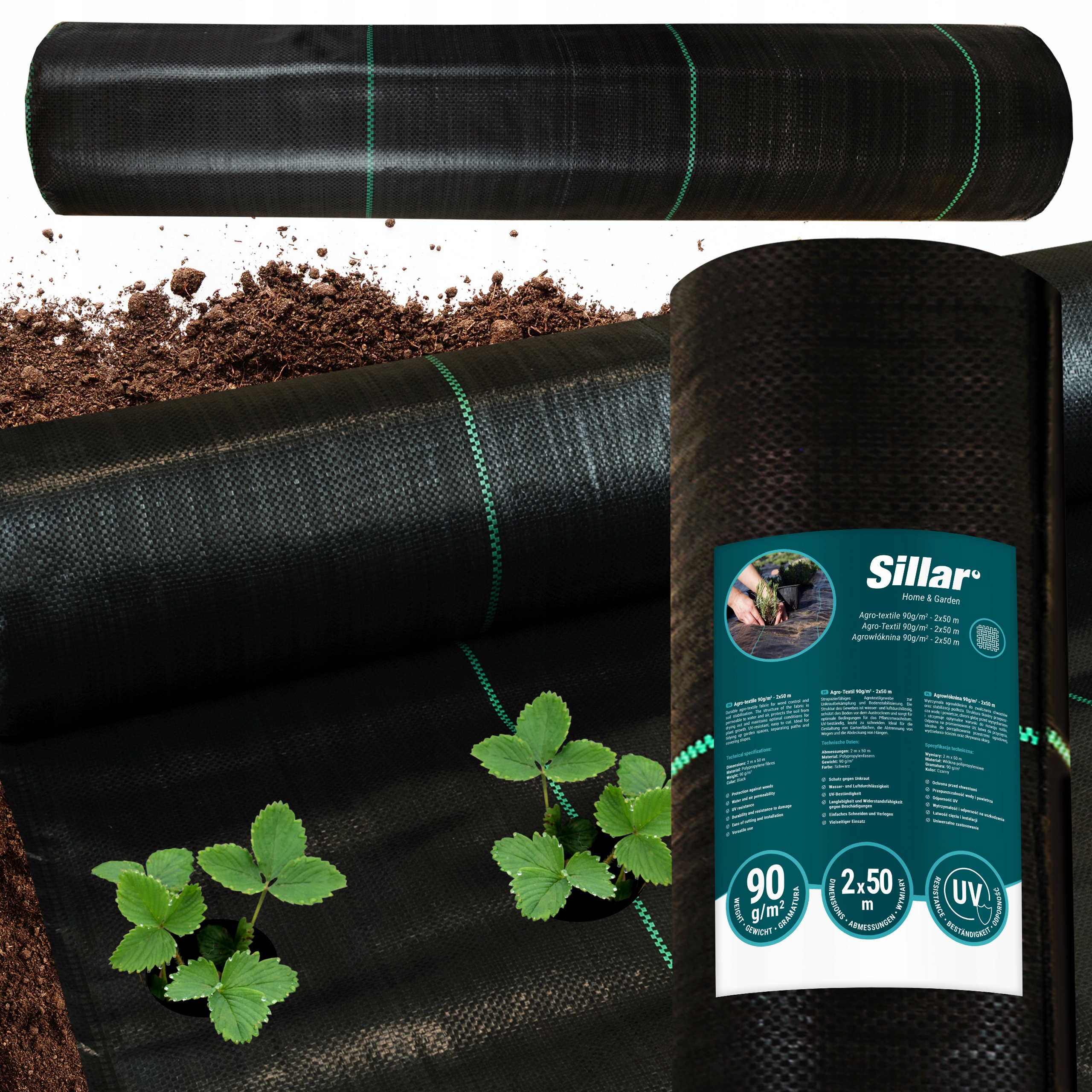 Silná agrotextilie proti plevelům Sillar černá Uv zahradní rohož 90 g/m2 2x50 m