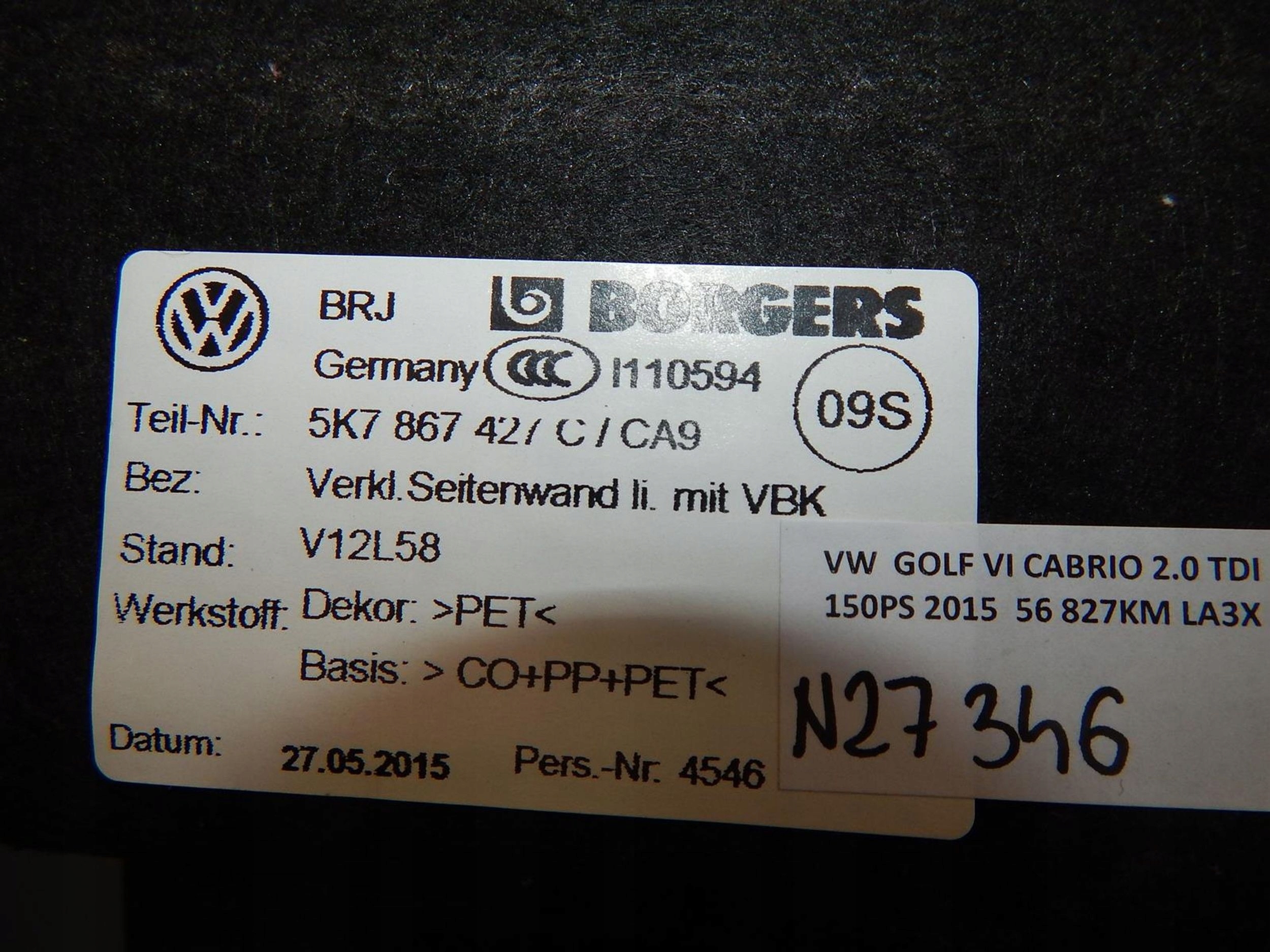 VW GOLF VI boot upholstery left 5K7867427C