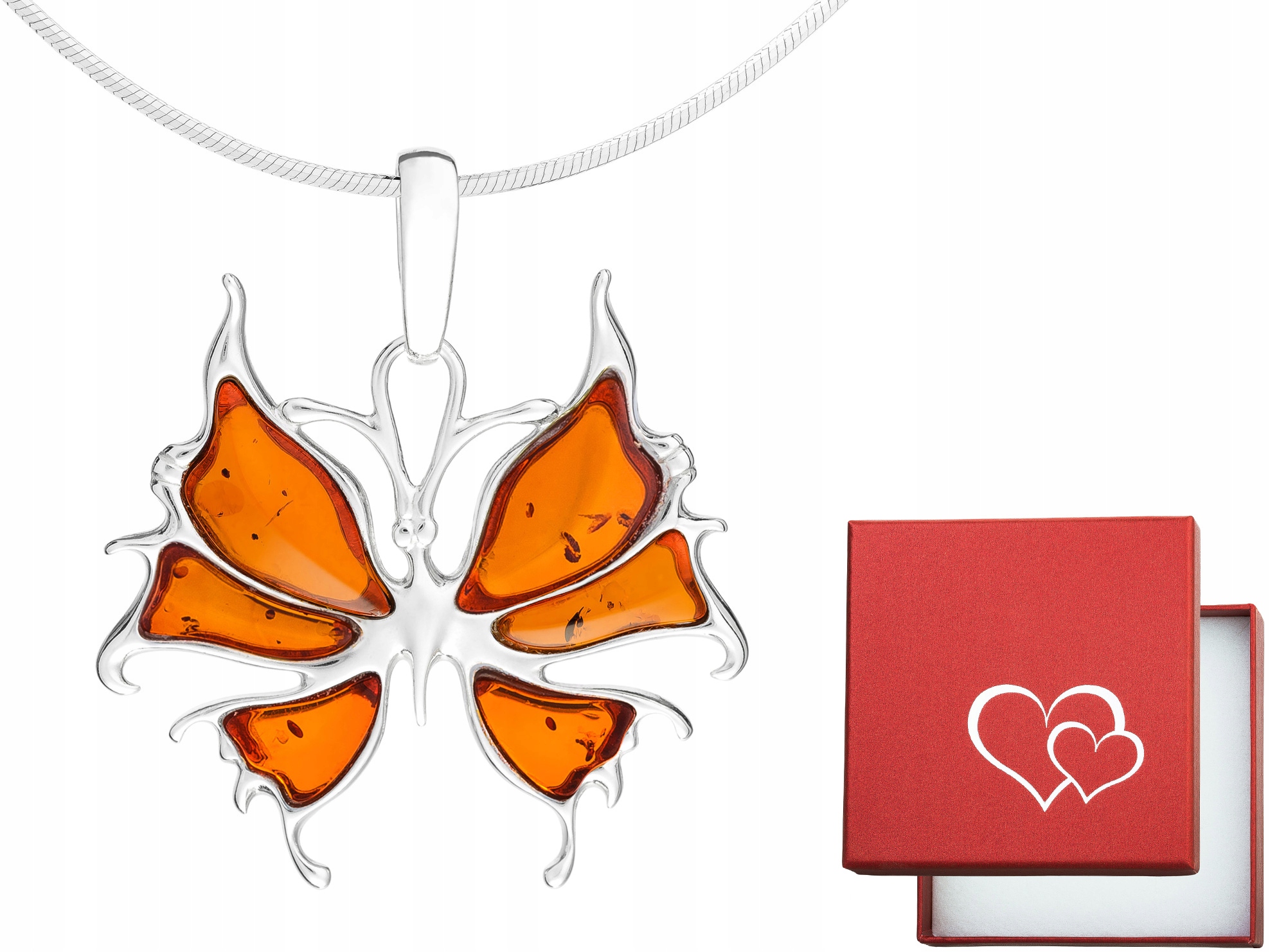 Krátký stříbrný dámský náhrdelník Motýl s jantarem Motýlek Jantar 45