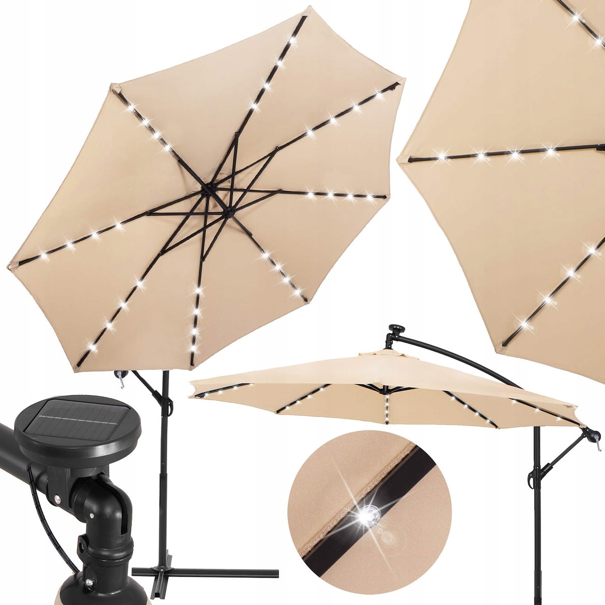 PARASOL OGRODOWY 300cm SKŁADANY DUŻY OŚWIETLENIE 32 LED SOLAR + POKROWIEC Kolor ecru