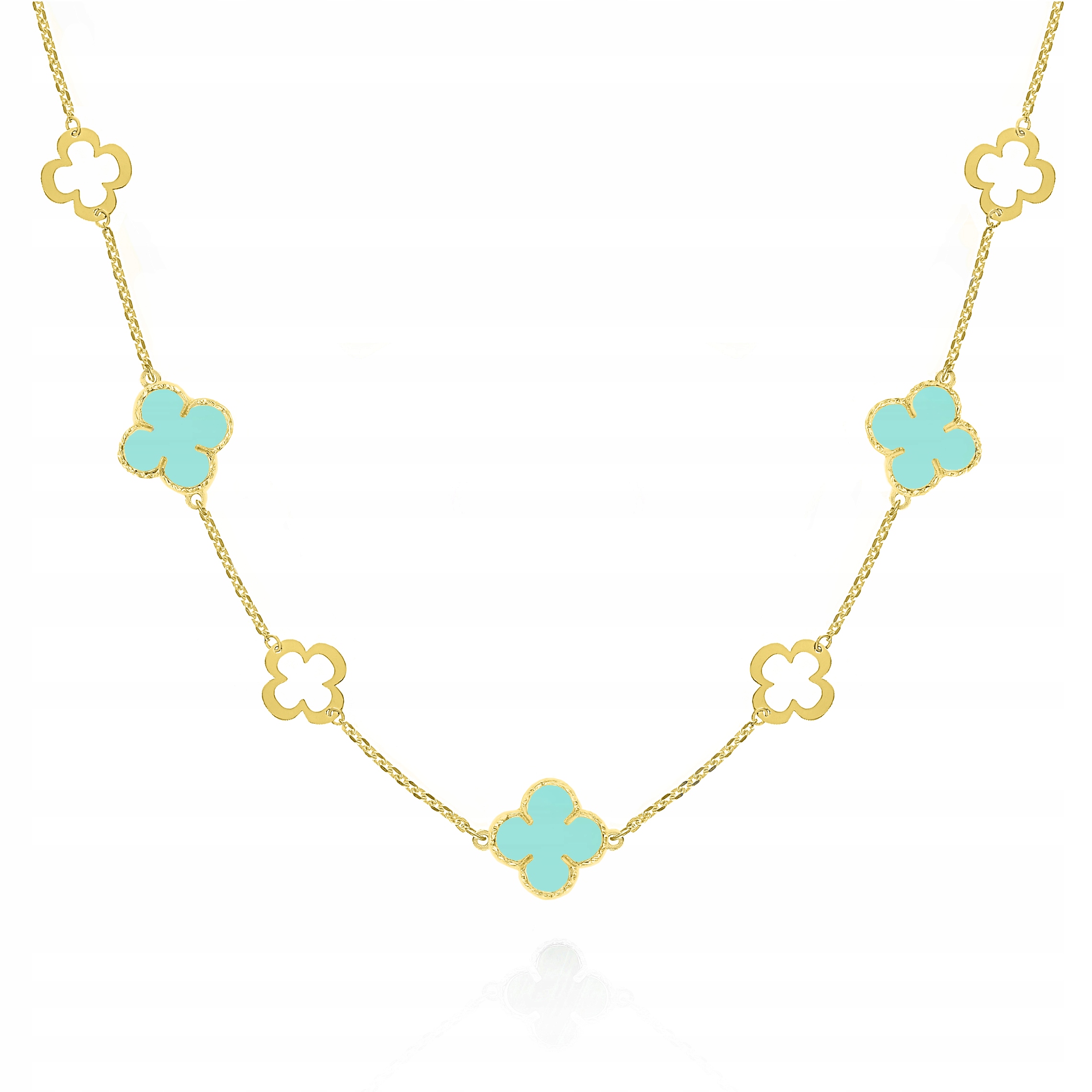 Stříbrný pozlacený náhrdelník choker čtyřlístky zelený tyrkys Ag.925 45 cm