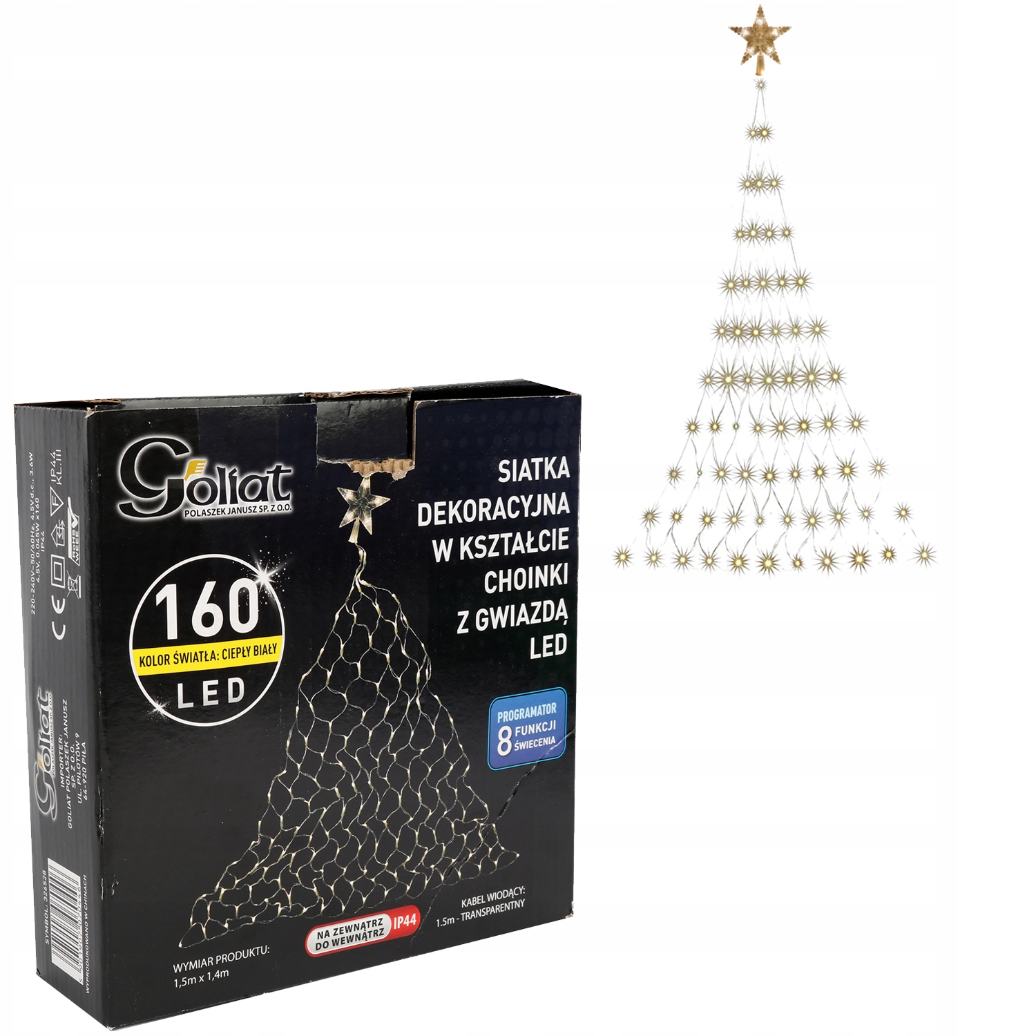 Světelná Síť Ve Tvaru Vánočního Stromku S Led Hvězdou, Teplá Bílá Barva