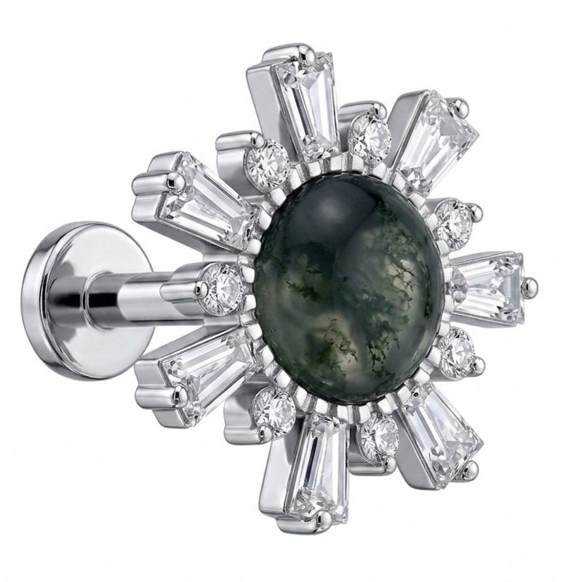 Titanový stříbrný Labret Slunce achát Zirkony 1,2/6 mm Astm F136 G23