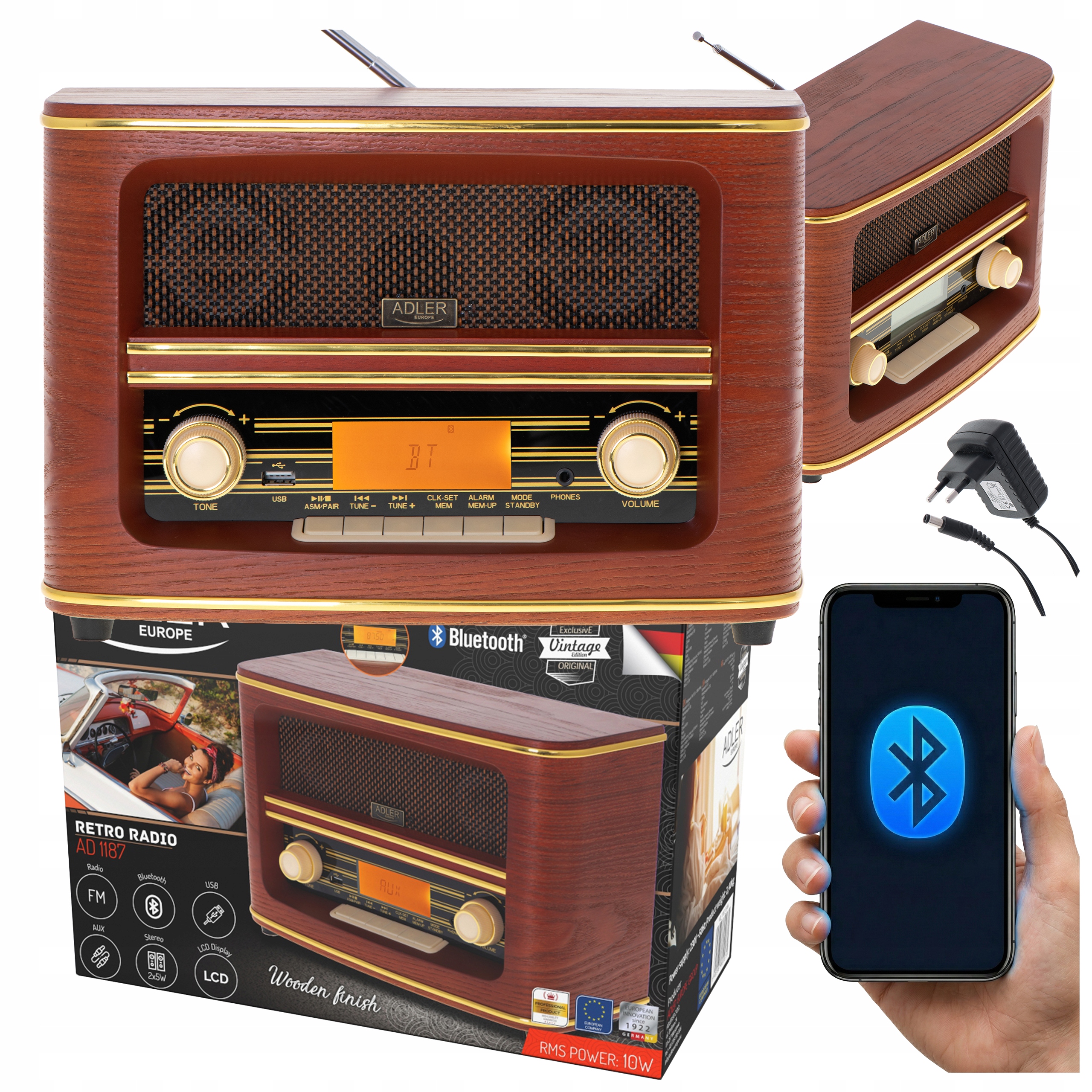 Retro Kuchyňské Rádio Fm Bluetooth Usb MP3 Hodiny Alarm LCD Dřevěné Pouzdro