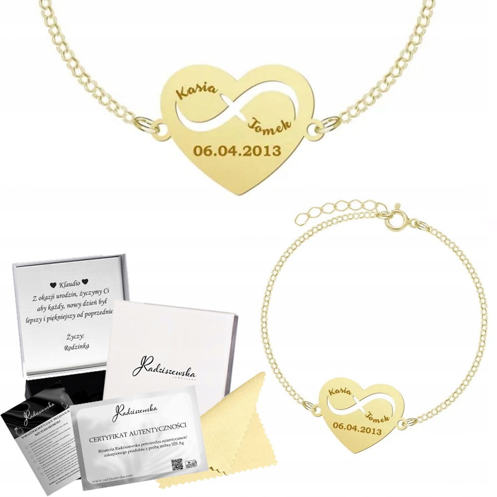 Náramek Zlaté srdce s jmény Datum Stříbro 925 Dárek Den Žen
