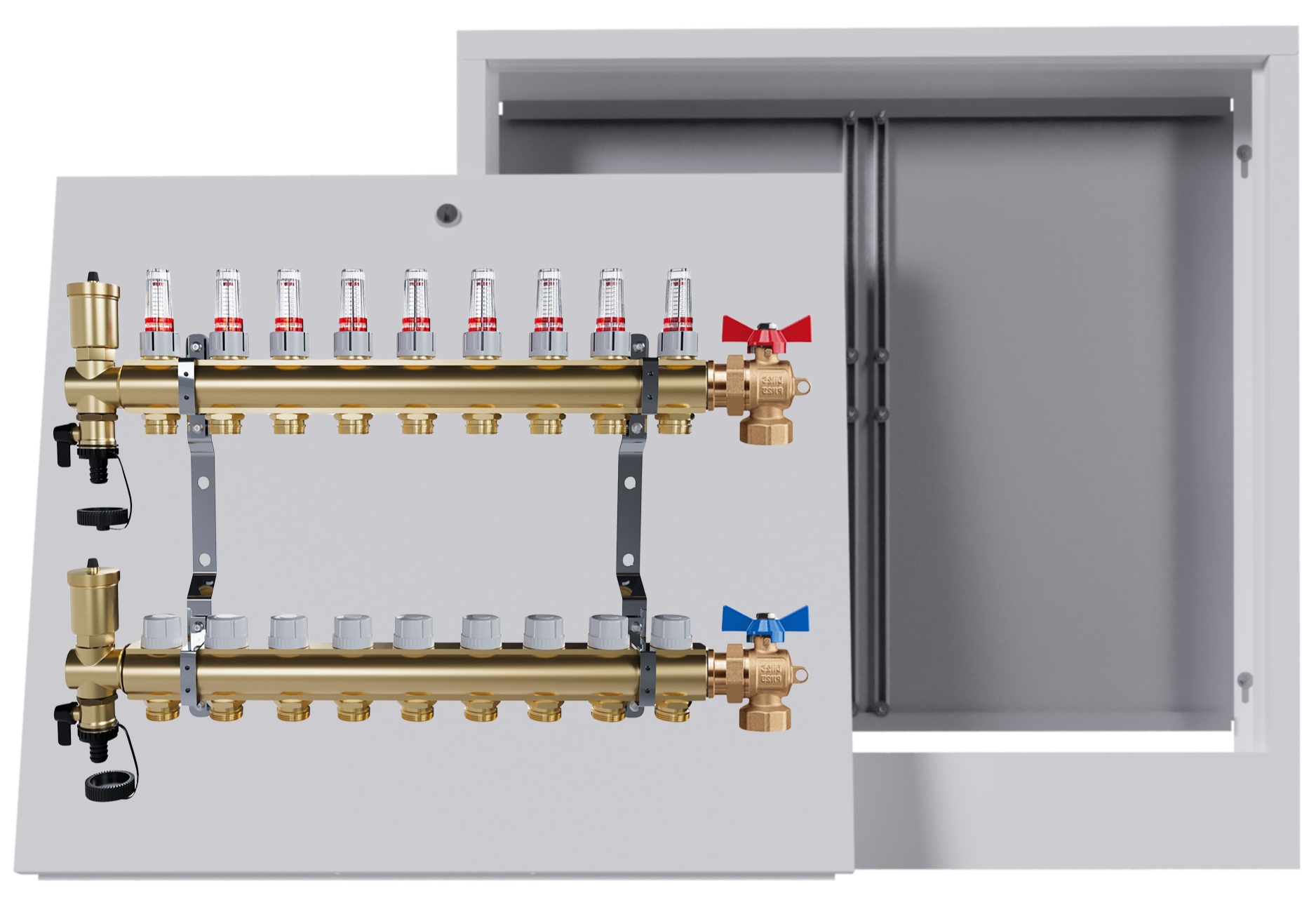 Mosazný rozdělovač podlahových krytin 9 okruhů nástěnná skříňka Kulový Kohout