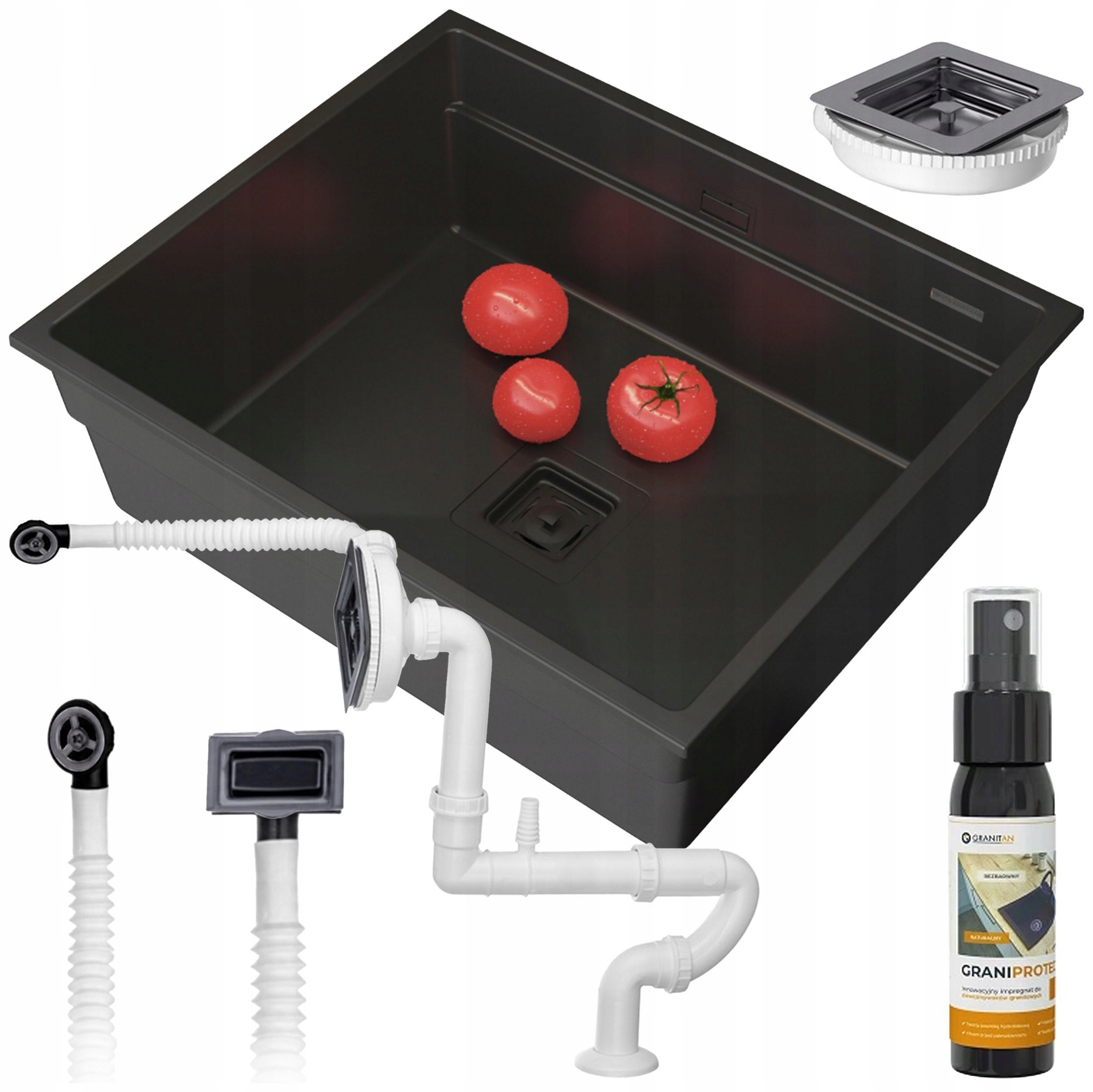 Granitový Dřez Černý Závěsný Syfon Čtvercový Set Epir 60