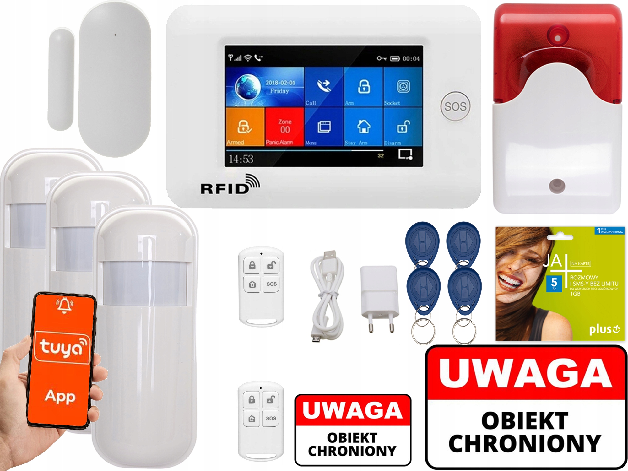 BEZPRZEWODOWY ALARM LCD GSM APP SYRENY WIFI POLSKI