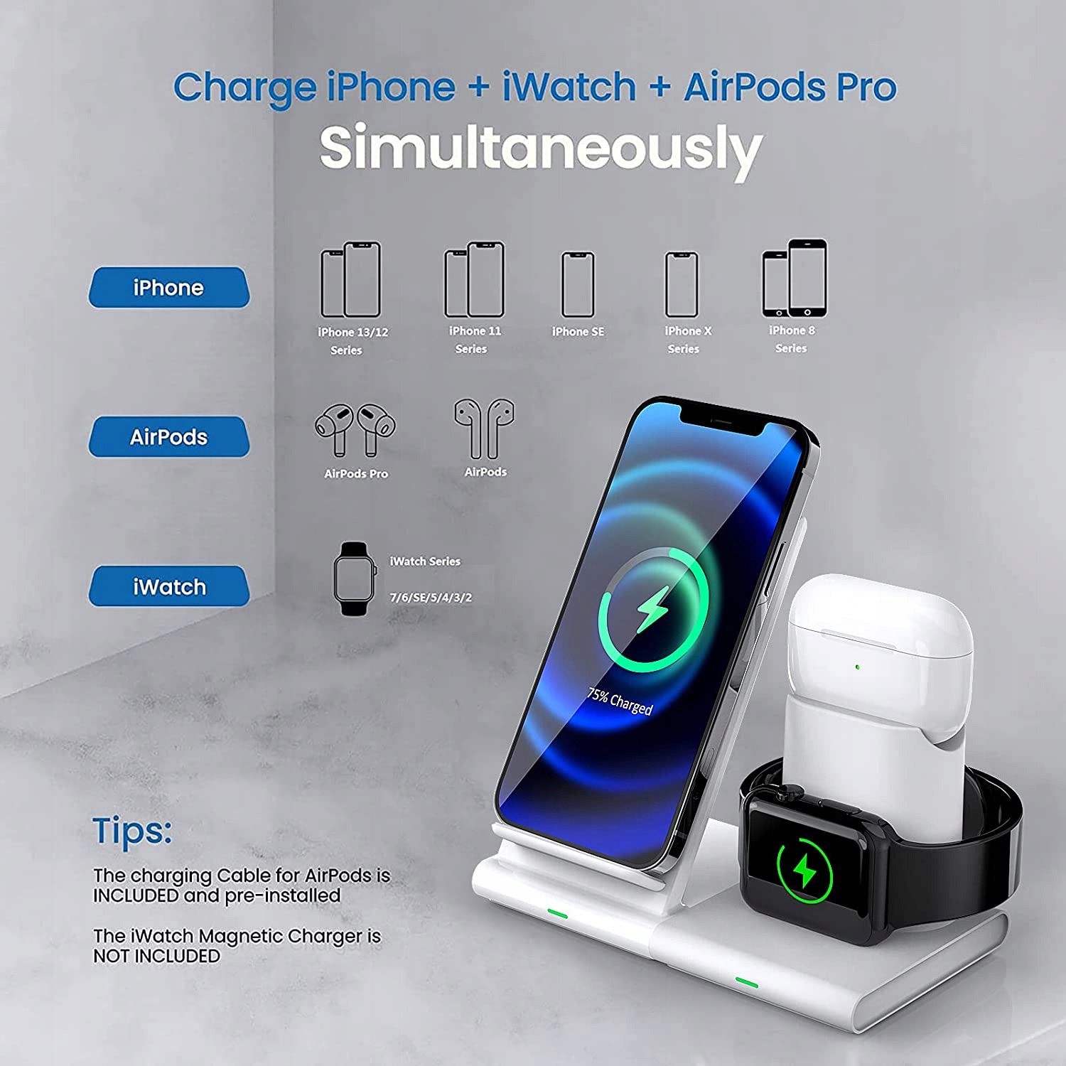 ŁADOWARKA BEZPRZEWODOWA 3W1 IPHONE/AIRPODS/AWATCH Złącza USB typ C