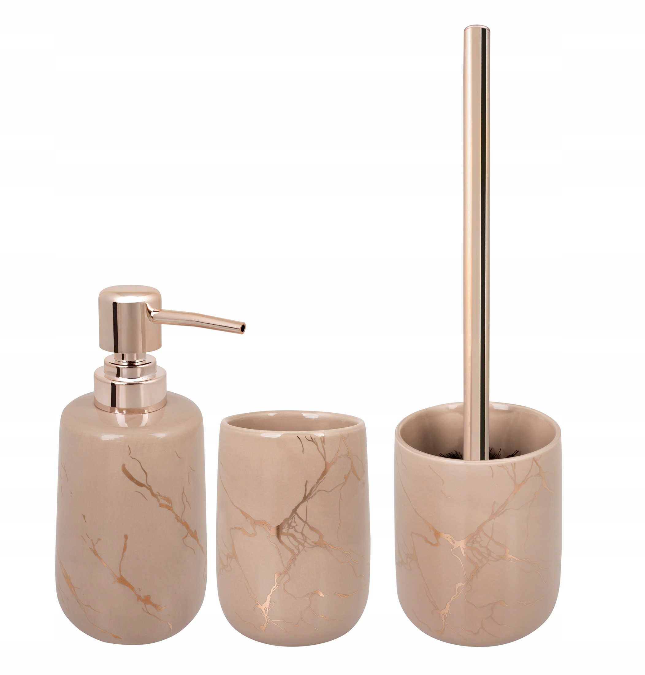 Mramorová sada koupelnových doplňků se zlatými prvky dávkovač kartáč zlato