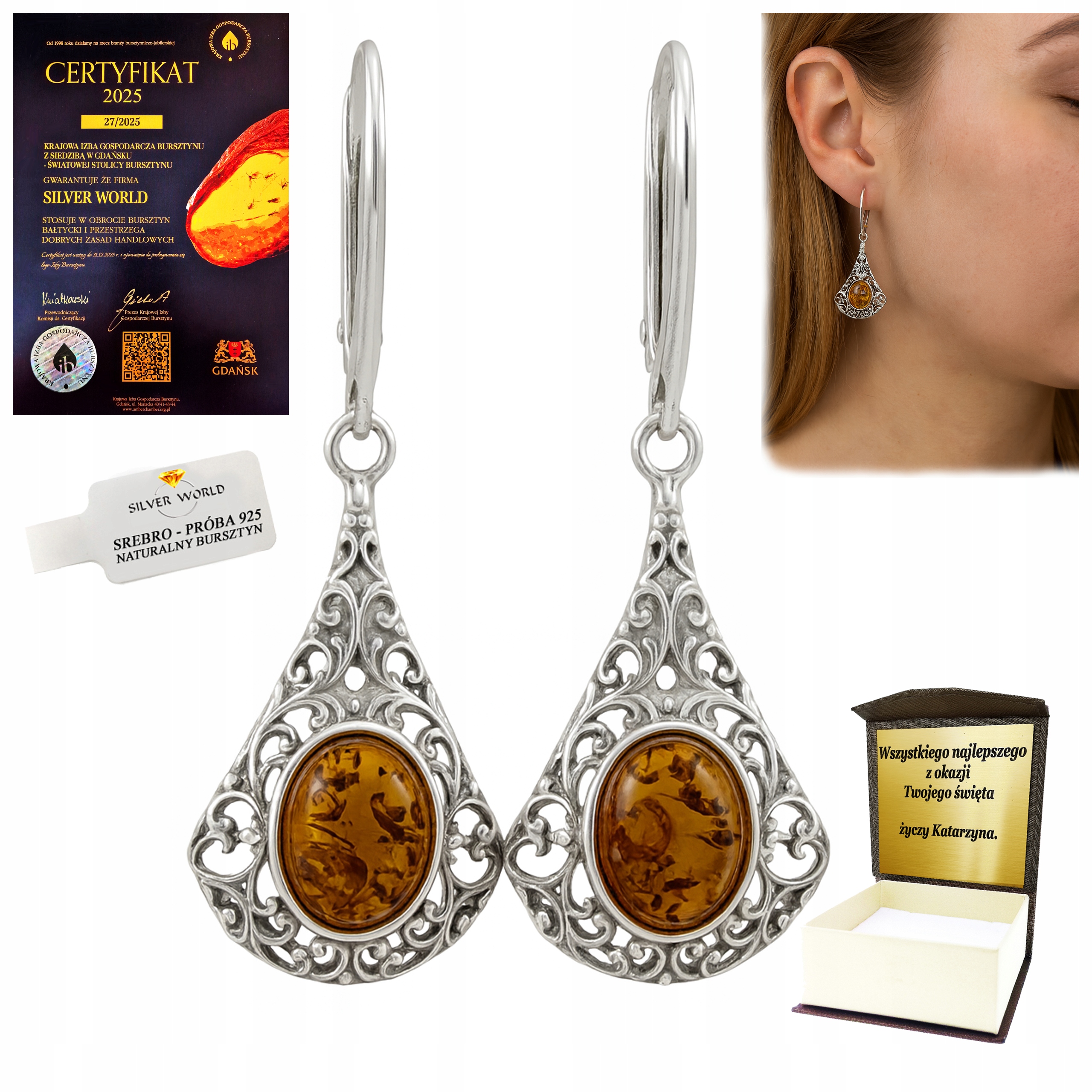 Stříbrné Náušnice S Jantarem, Závěsné Jako Dárek +dárek kw6