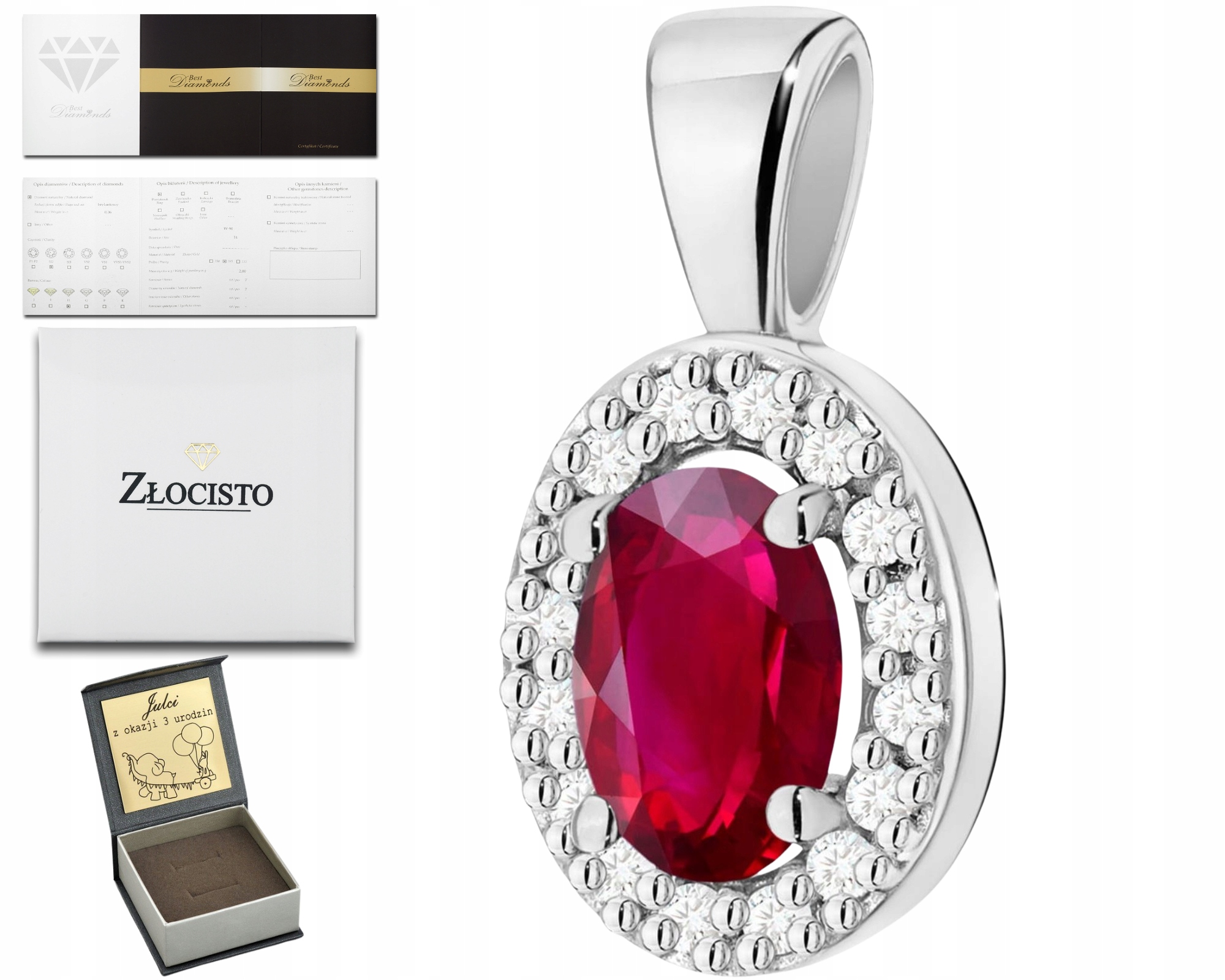 Bílé Zlato Přívěsek S Červeným Rubínem A Diamanty Zlato 585 Dárek