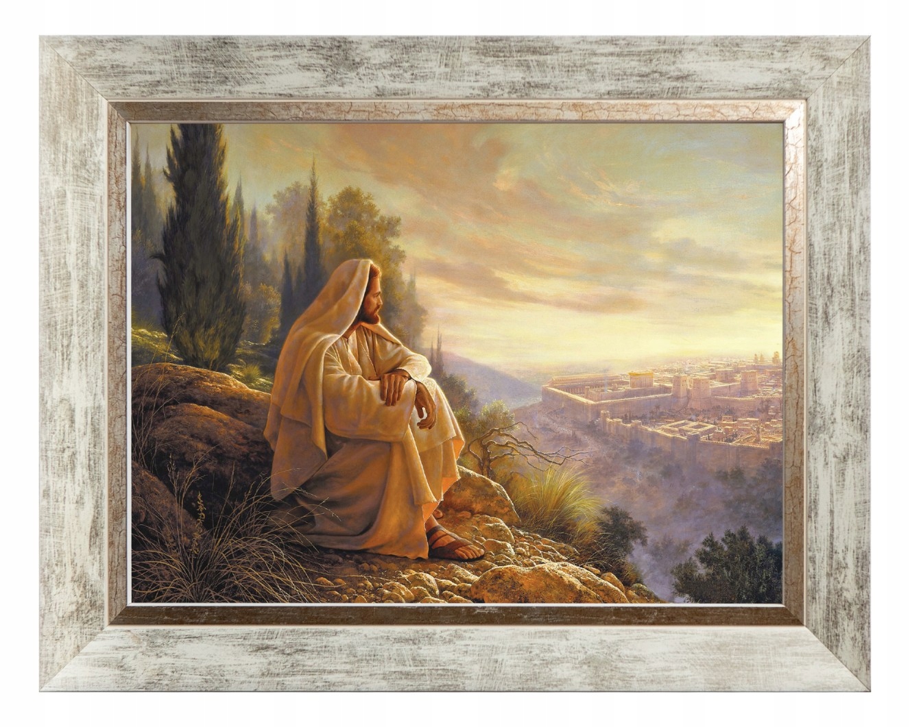 Ježíš Nad Jeruzalémem Obraz Na Plátně V Bílém Ozdobném Rámu 30X40