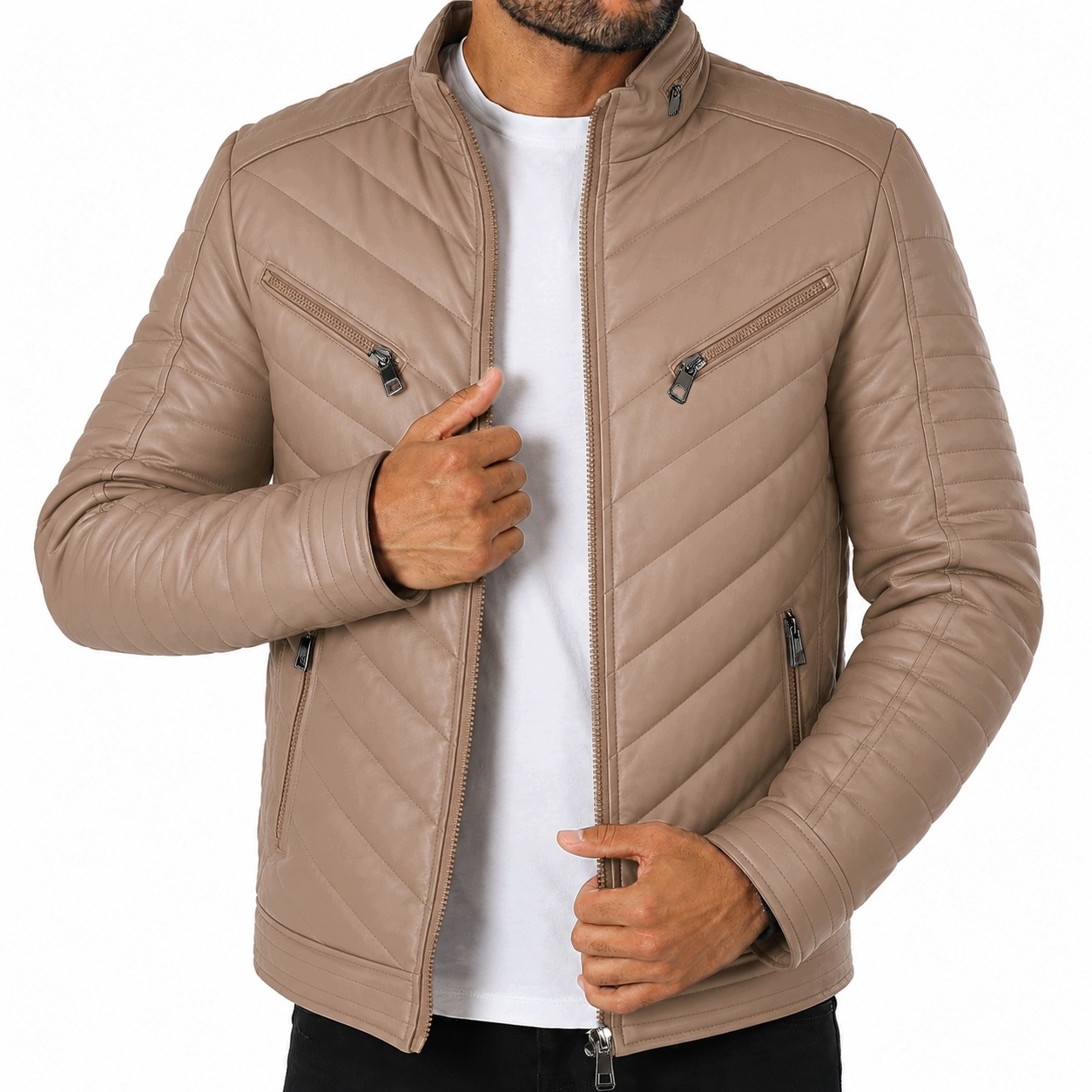 Pánská péřová bunda z eko kůže, prošívaná, slim fit