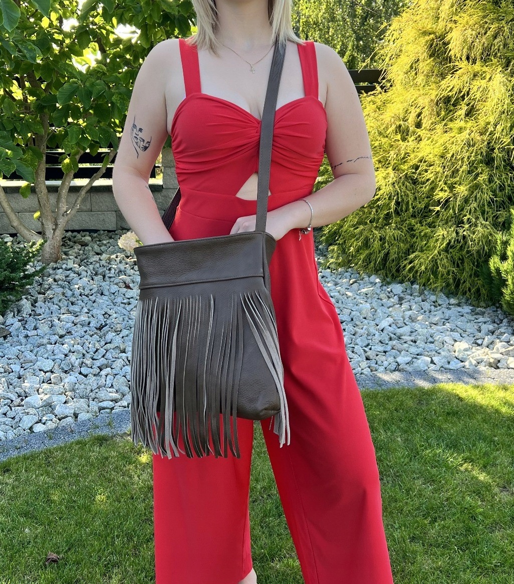 TOREBKA Z FRĘDZLAMI NA RAMIĘ SKÓRA 100% - HANDMADE Zapięcie zamek