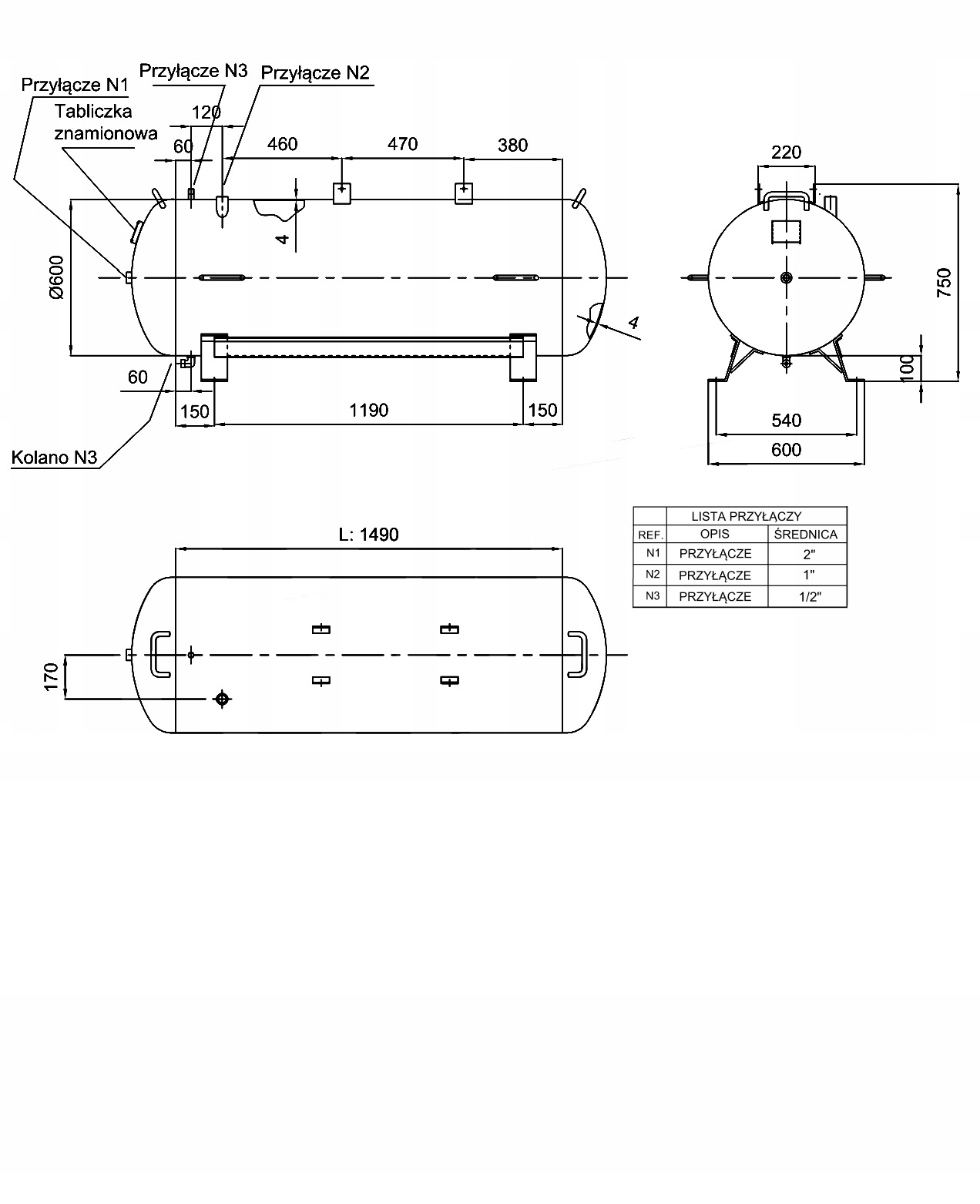 ZBIORNIK 500L POZIOMY NA SPRĘŻONE POWIETRZE DO KOMPRESORA ŚRUBOWEGO Typ poziomy