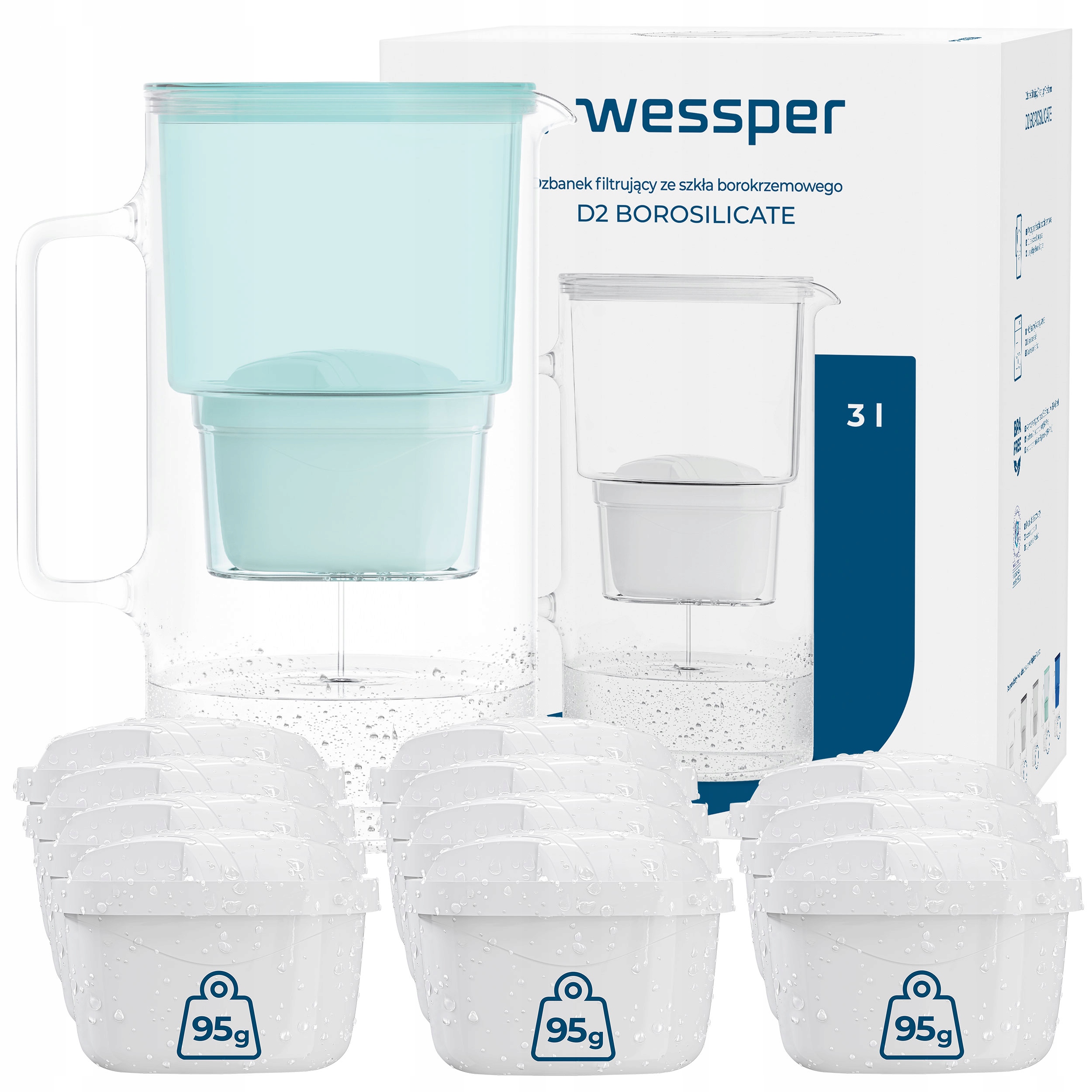 Skleněná filtrační konvice Wessper D2 Borosilicate 3 l mátová 12 x filtr