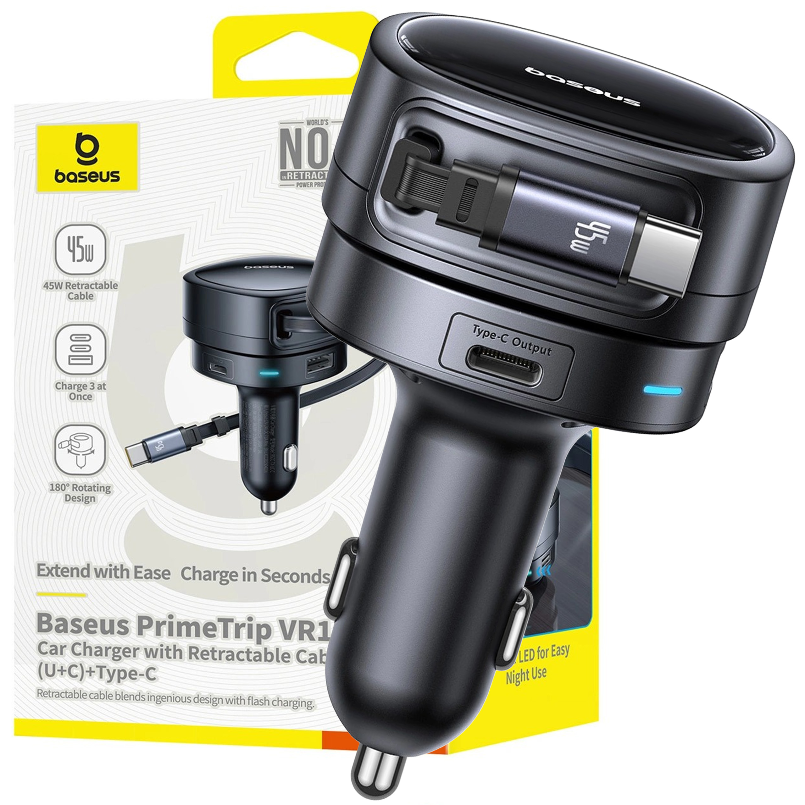 Automobilová Baseus 60W Usb-a Usb-c S Navíjecím Kabelem Usb-c 80 CM