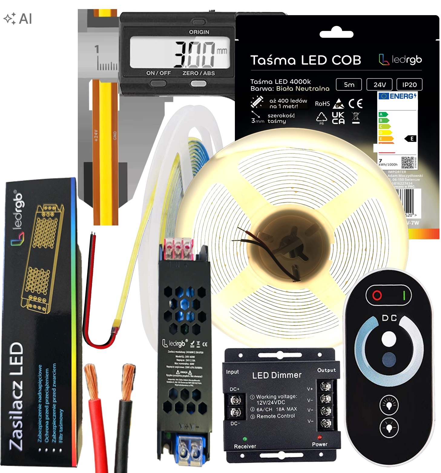 Set Led pásek Neon Cob 24V 5 m 4000K Bílý Neutral Ultra Tenký 3MM Dálkový Ovladač