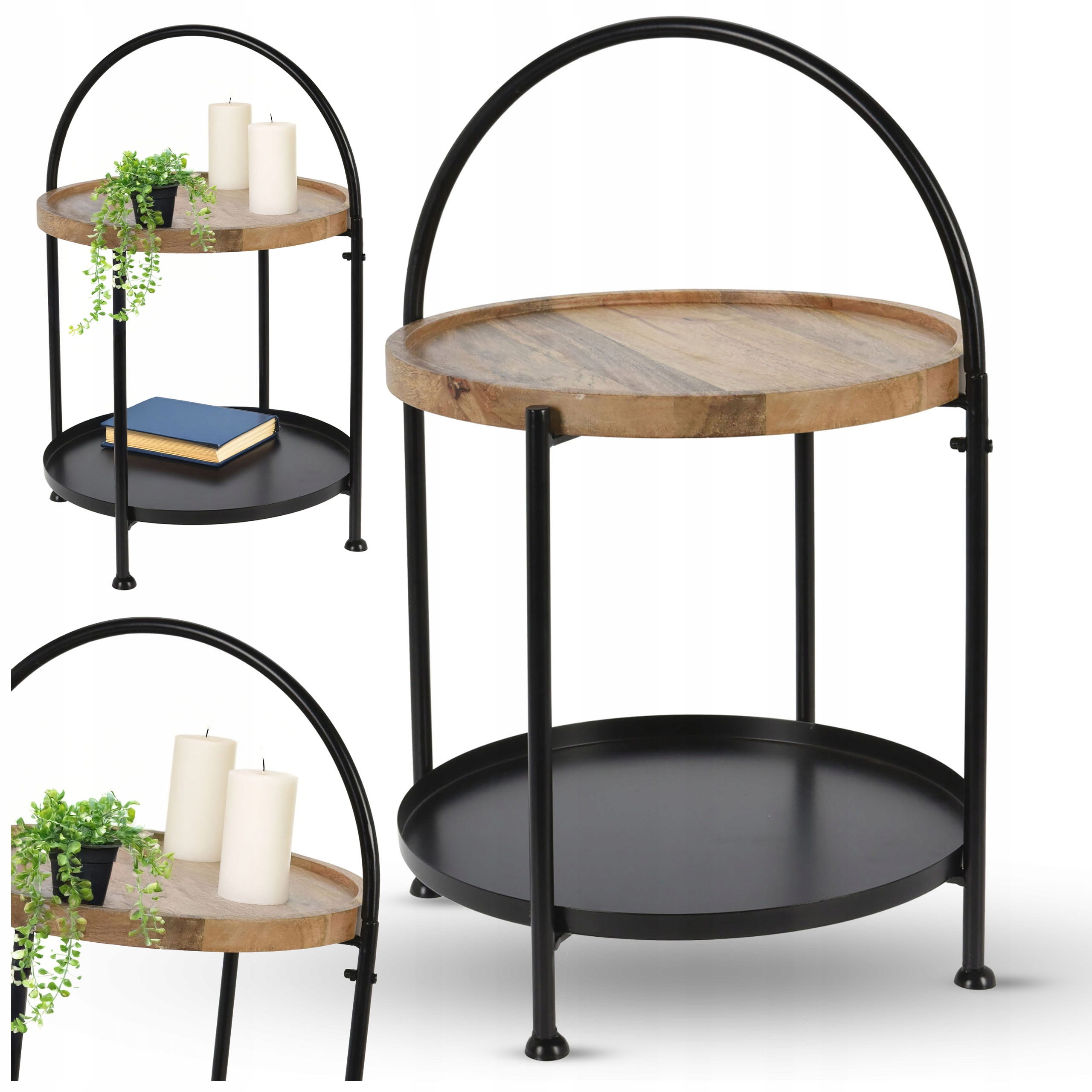 Boční pomocný stolek černý kovový, dvouúrovňový loftový podnos Ø39x55 cm