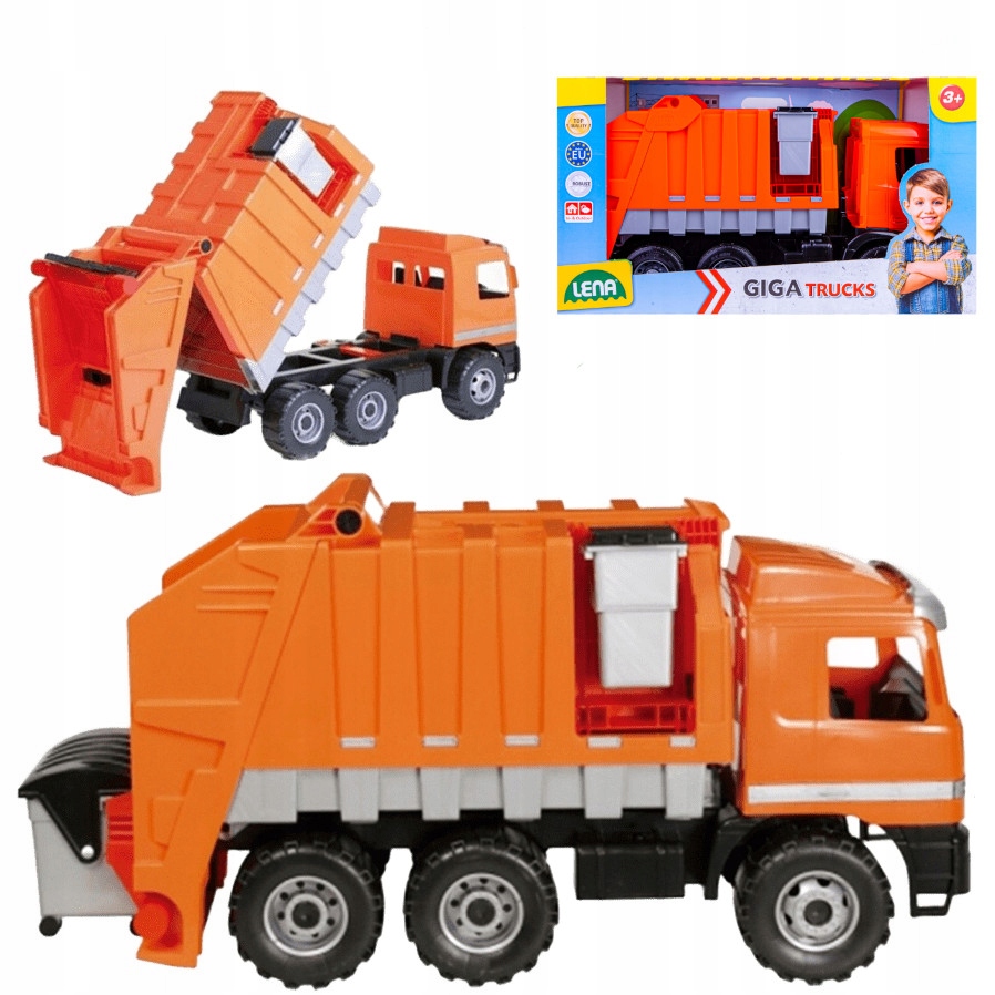 Duża Śmieciarka Lena Wóz Służb Miejskich Pomarańczowa XXL 3 Osie