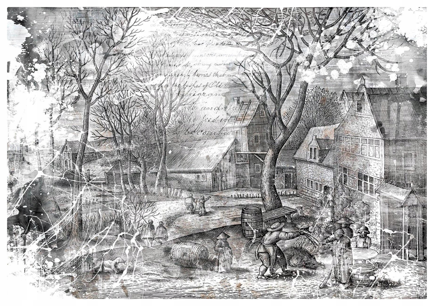 Fototapeta Zimní vesnice retro grafika sněhová krajina 416x254 lepidlo