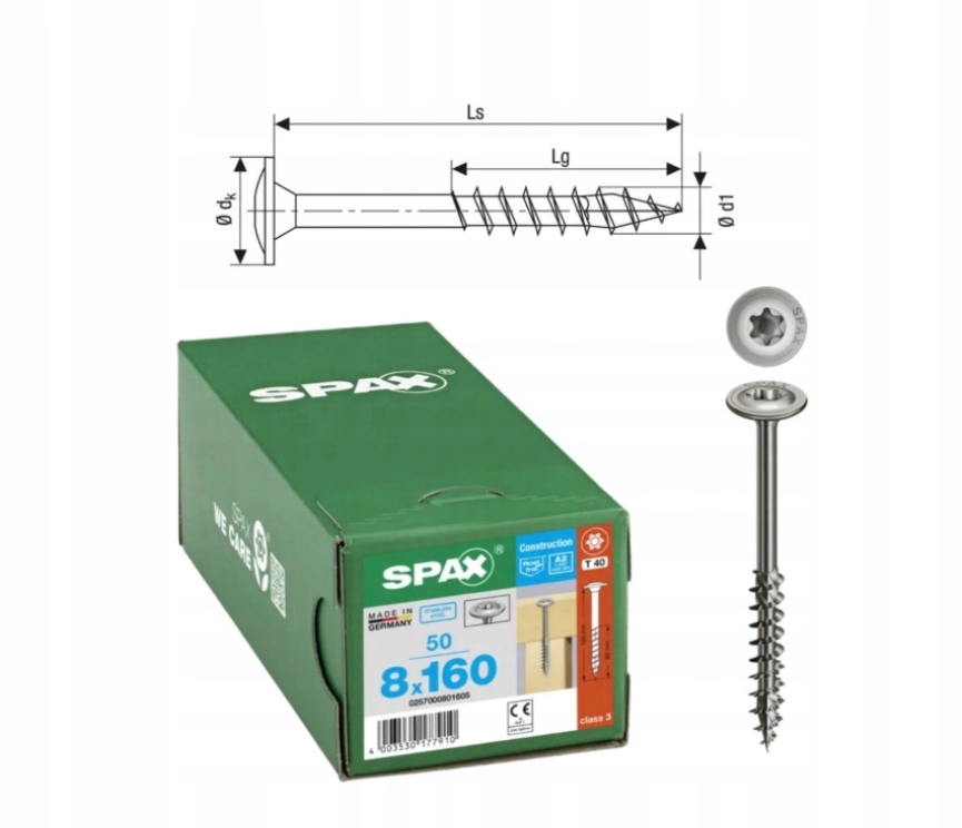 Univerzálne skrutky do dreva z ušľachtilej ocele A2 Spax 8 x 160 mm 50 ks