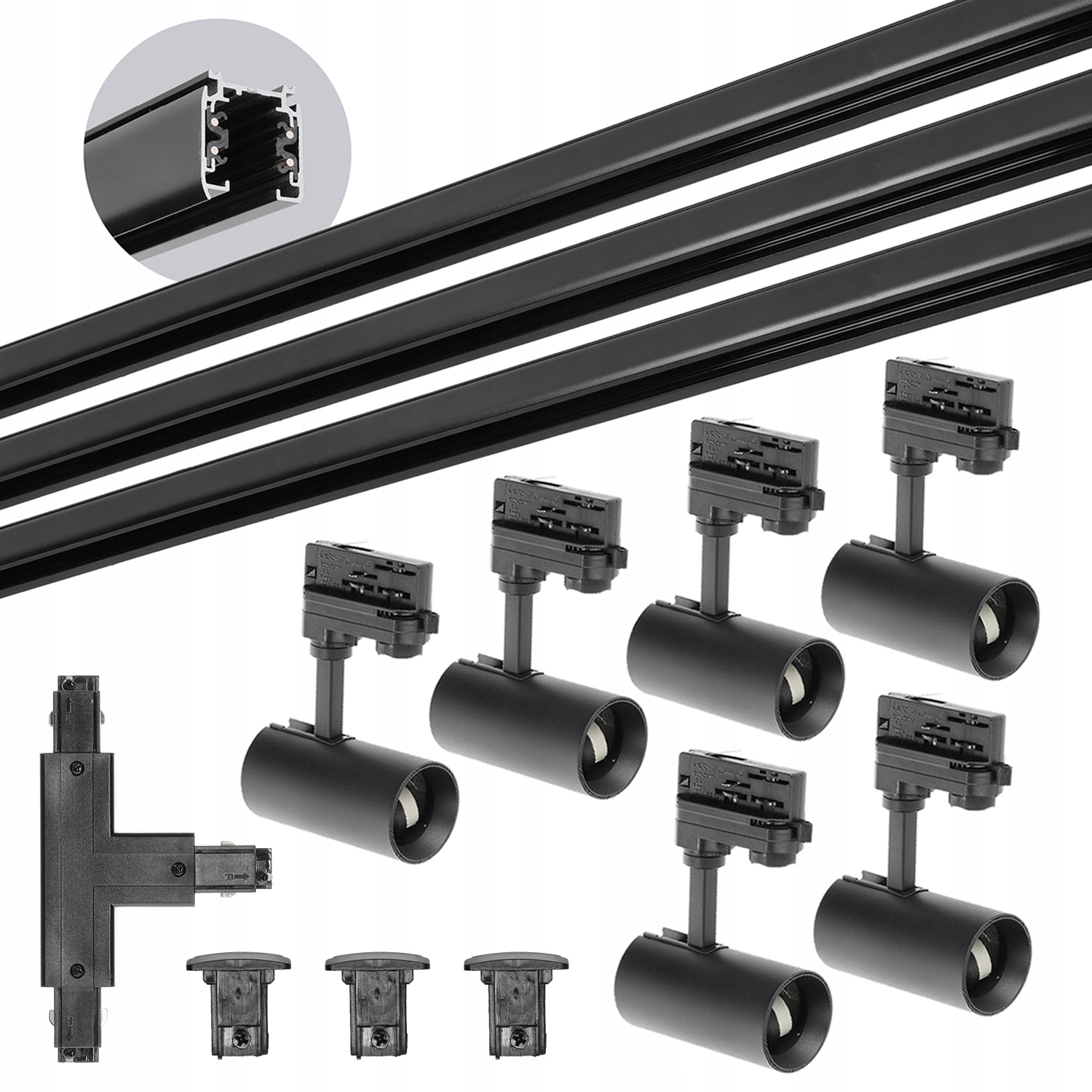 Zestaw szynowy 3 fazowy szyna 3x1m, Łącznik T, 6x Lampa, 3x zaślepka CZARNY Kod producenta LAIT00000009T6