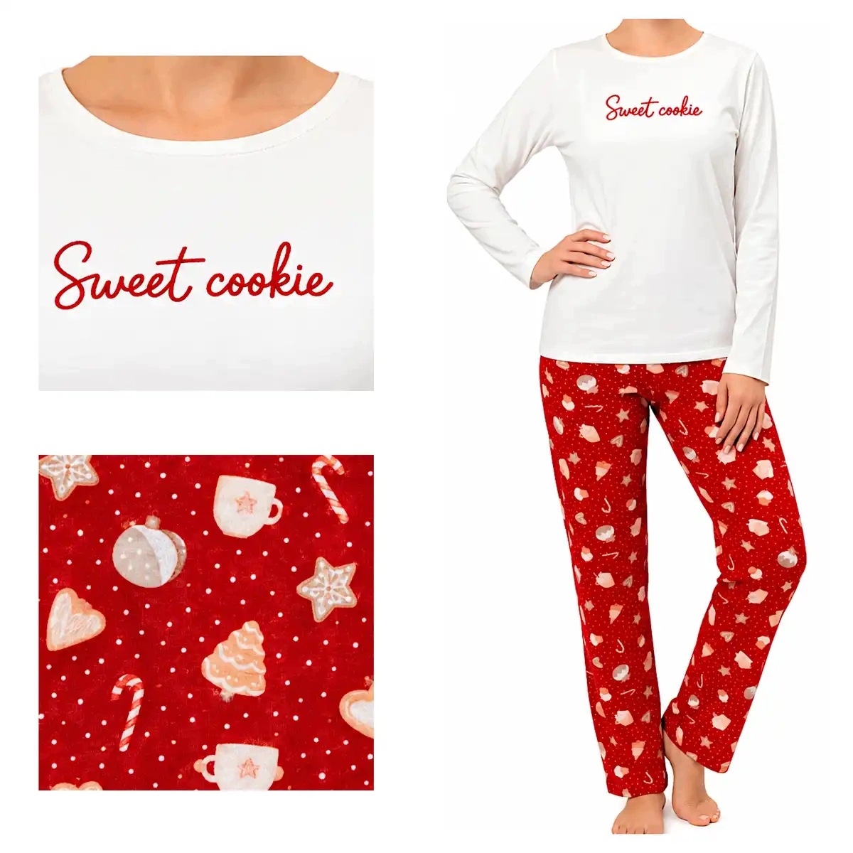 Donna Dámské pyžamo Cookie s dlouhým vánočním motivem, bavlněné, krémové, velikost XL