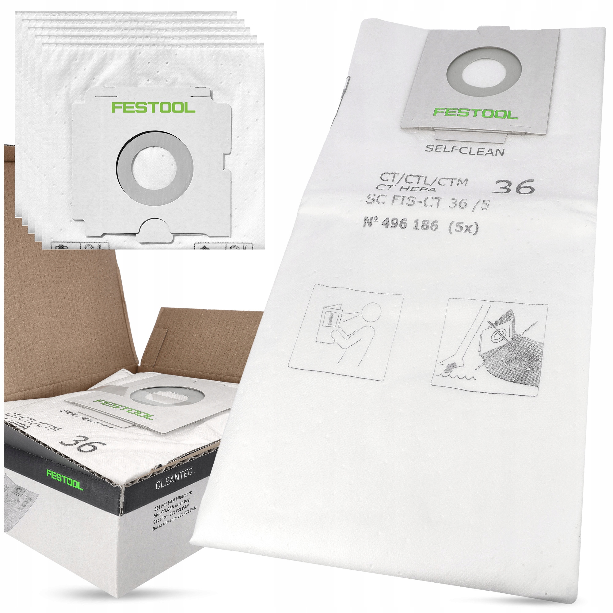 5x Vrecká Festool 496186 Sc Fis-ct 36/5 Vysávača Ct 36 Ctm 36 Selfclean