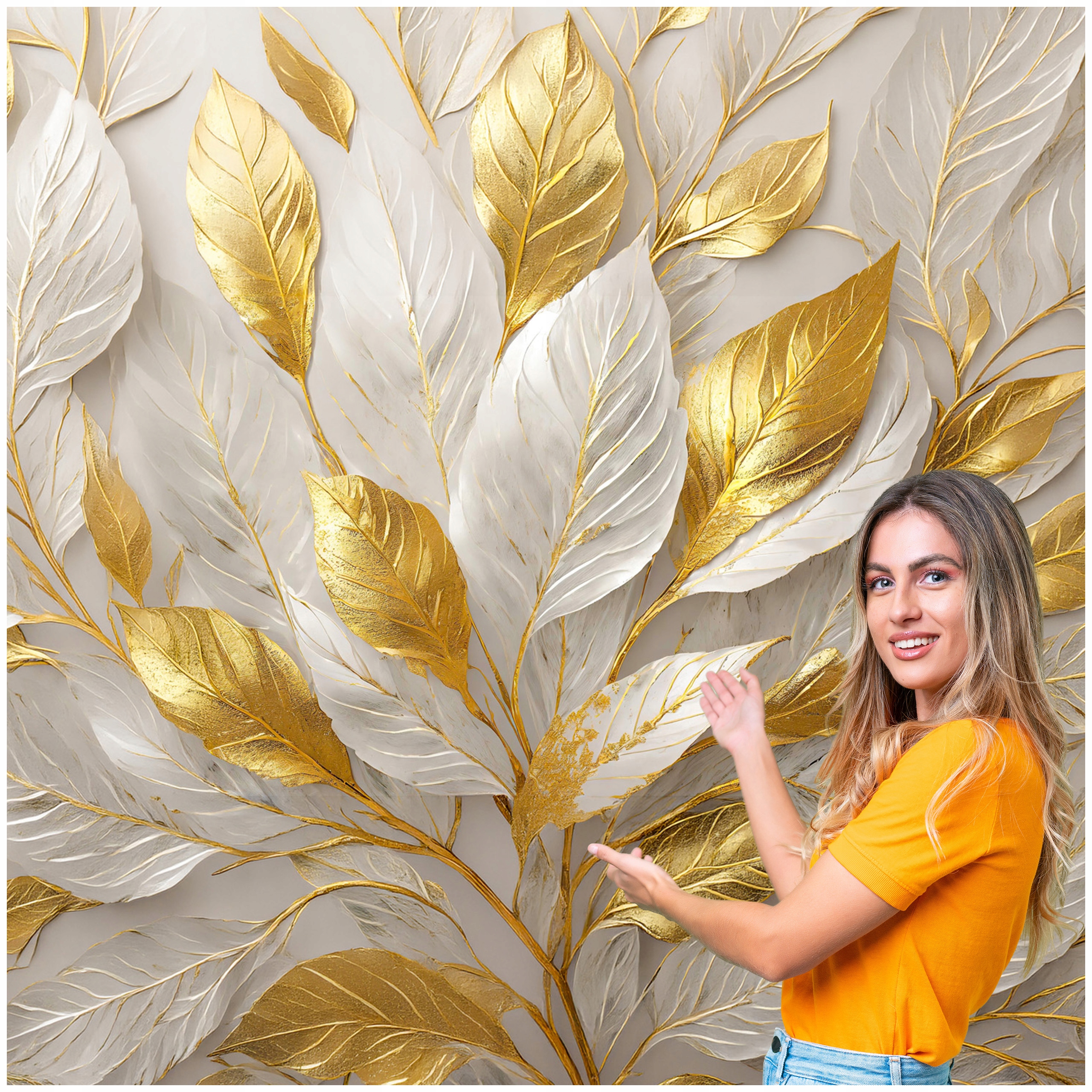 Fototapeta Obývací Pokoj Ložnice Listy Abstrakce Zlato Béžová 588x280 LAZB10F