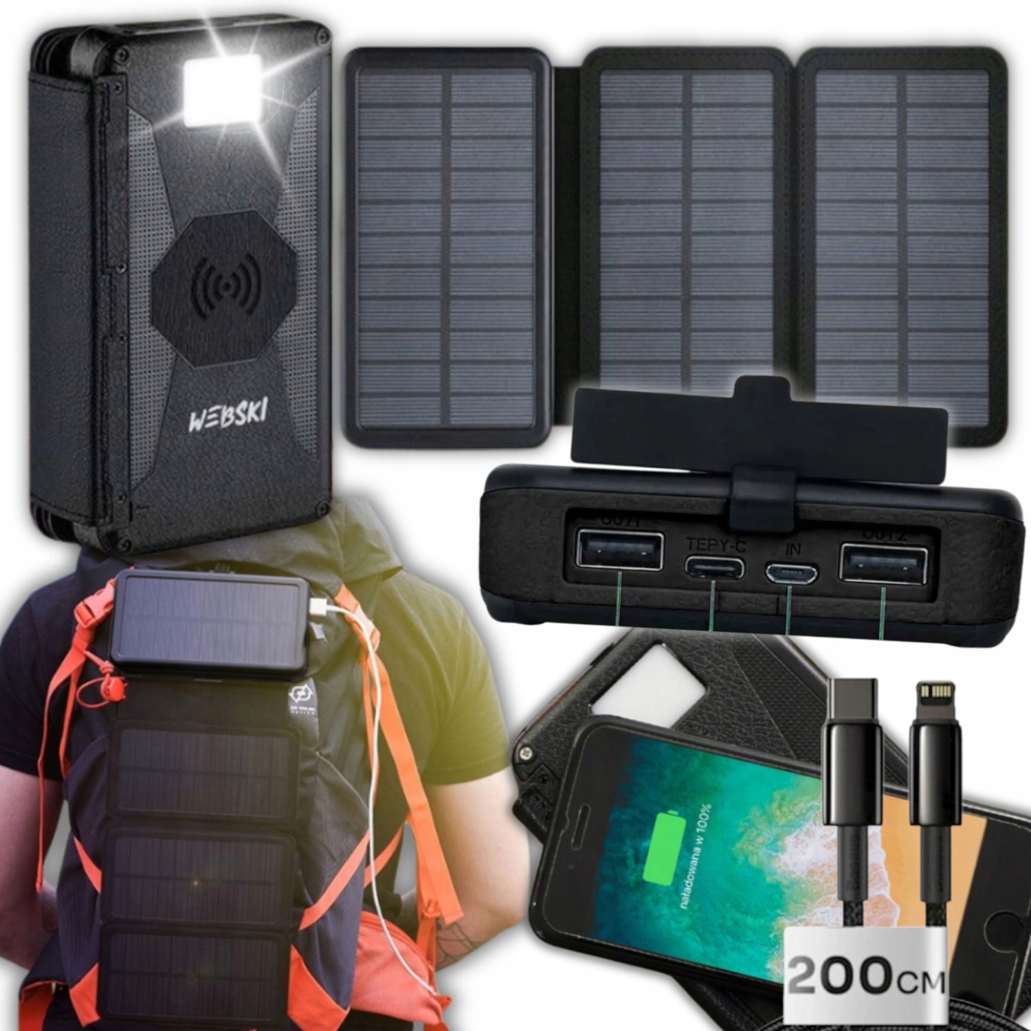 Solární Powerbanka 16000 mAh Bezdrátová Indukční Nabíječka Usb Kabel