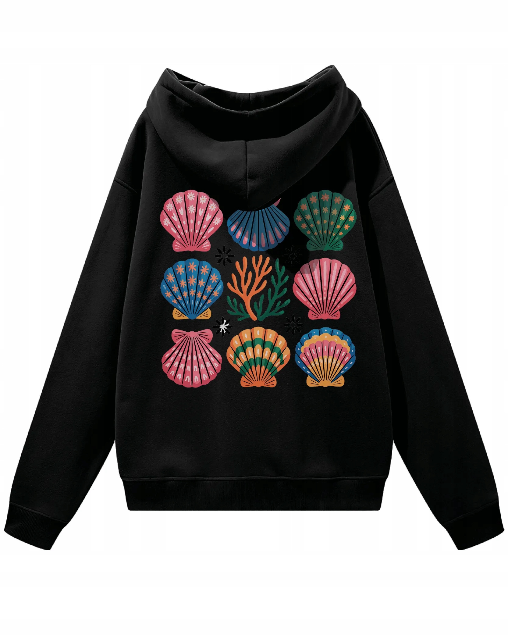 Oversize mikina s kapucí Mořský styl s mušlemi Pláž Černá XXL