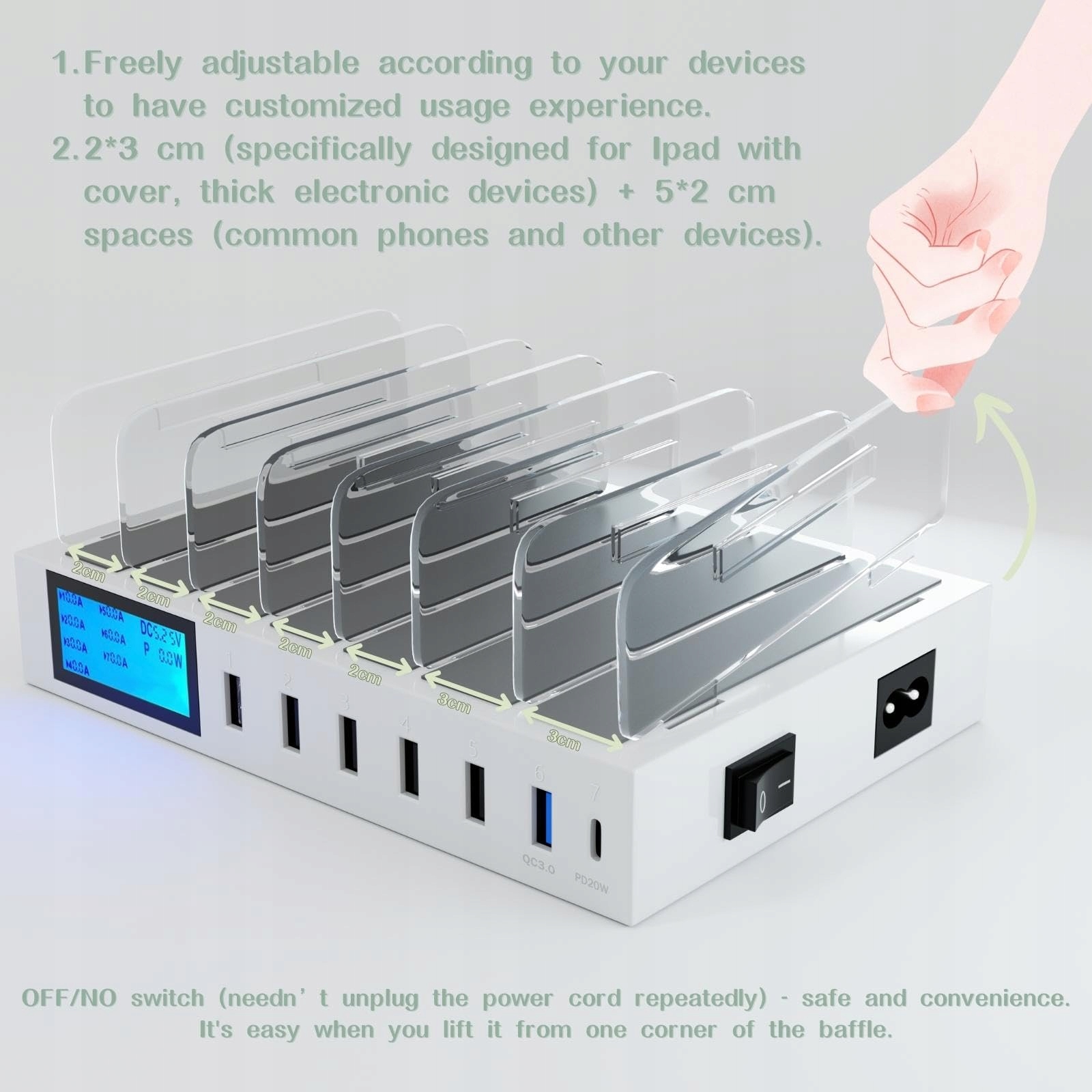 Stacja ładująca z przełącznikiem, szybka ładowarka QC3.0, 7 portów USB — miniatura 4