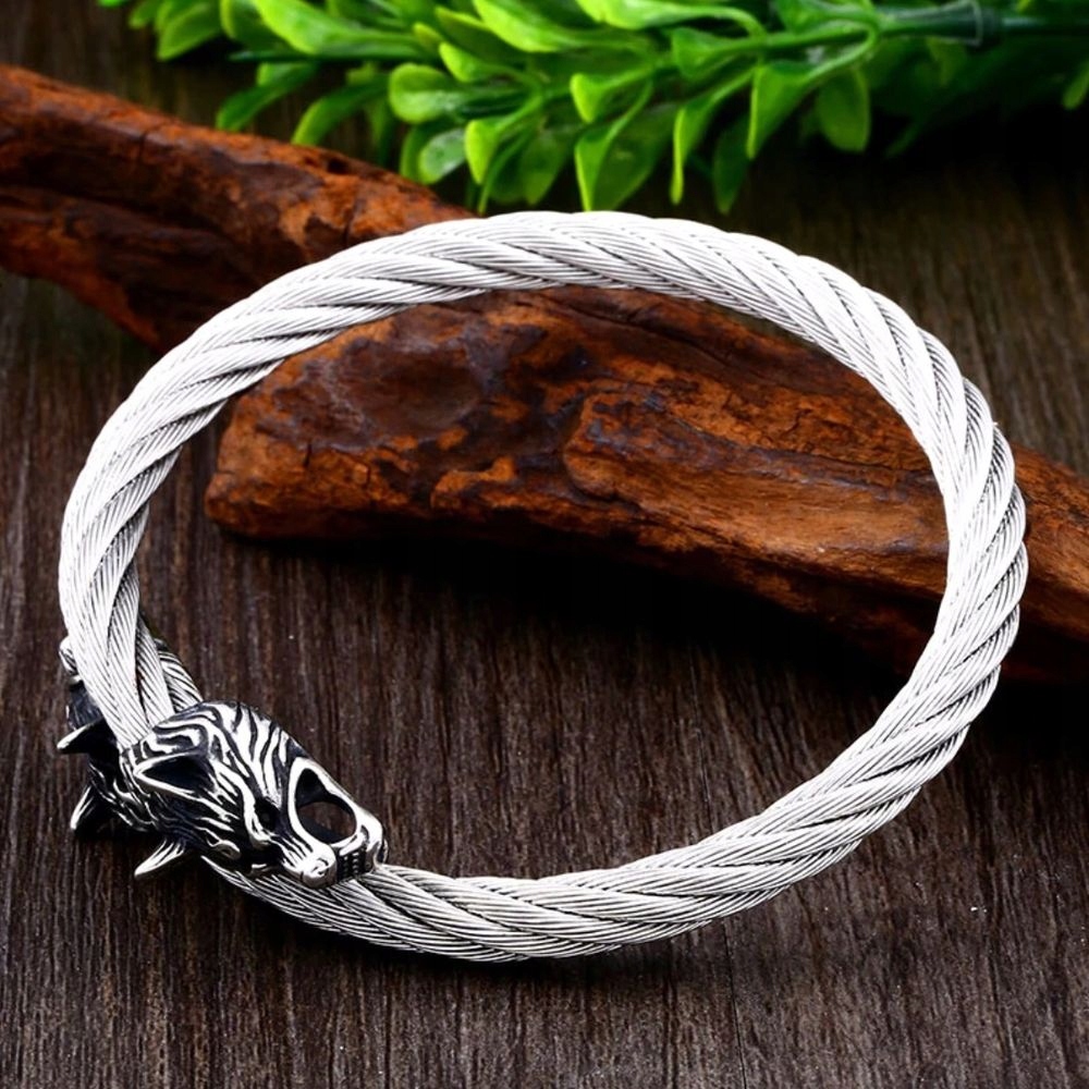 ŚWIĘTA BRANSOLETA WIKIŃSKA RAGNAR BANGLA Z WILKAMI Materiał stal
