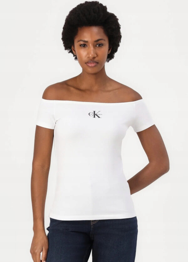 Calvin Klein tričko s potiskem a odhalenými rameny, barva bílá, velikost Xs
