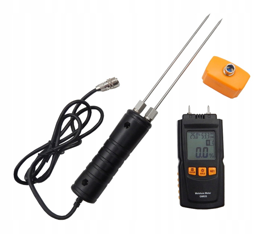 WILGOTNOŚCIOMIERZ MIERNIK WILGOTNOŚCI DO DREWNA TROCIN PELETU DRZEWNEGO CE Pomiar temperatura powietrza wilgotność drewna wilgotność powietrza